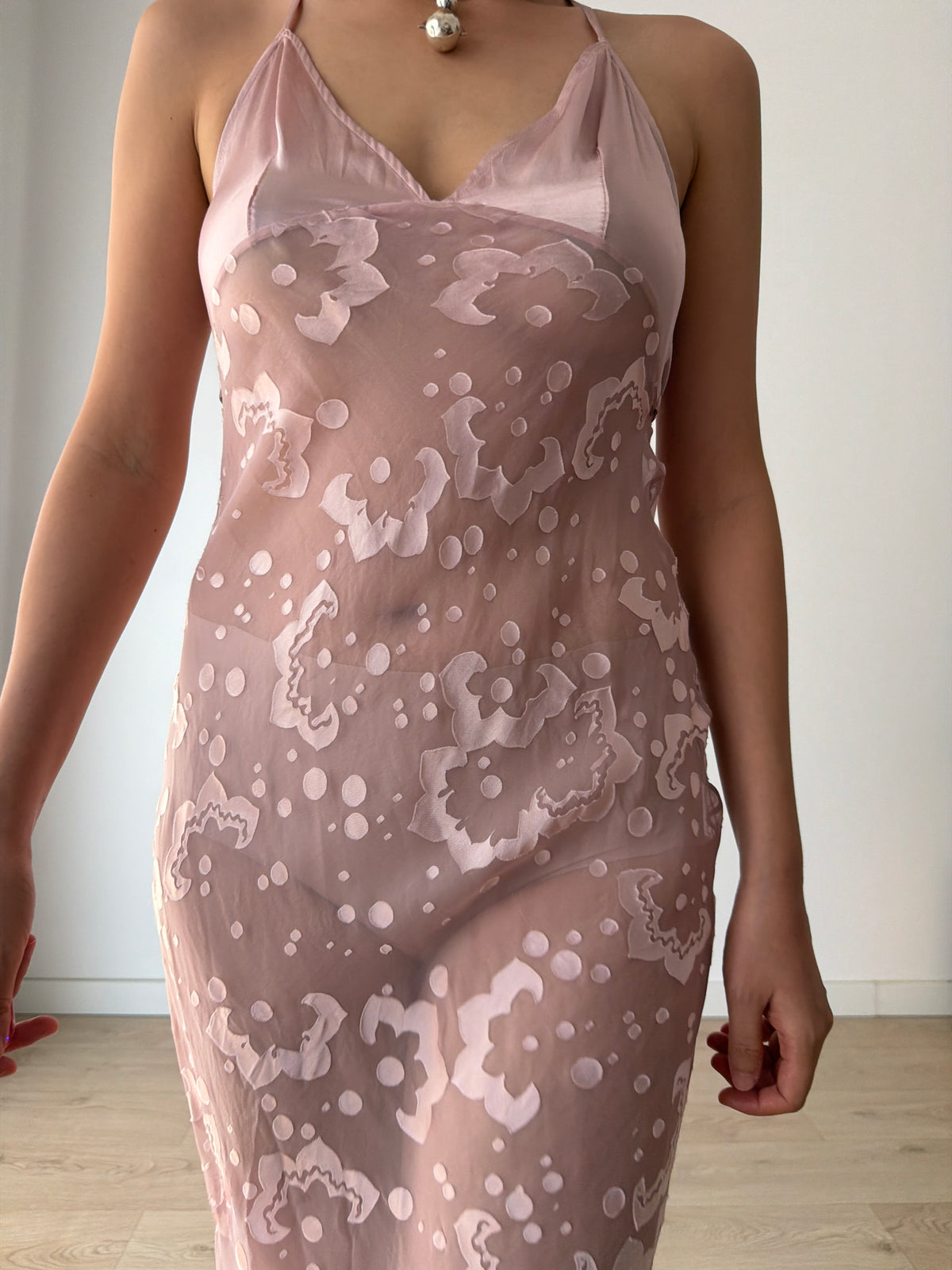 1990s Blush Pink Sheer Silk Slip Dress, Devoré Velvet Pattern, Backless Spaghetti Strap Dress