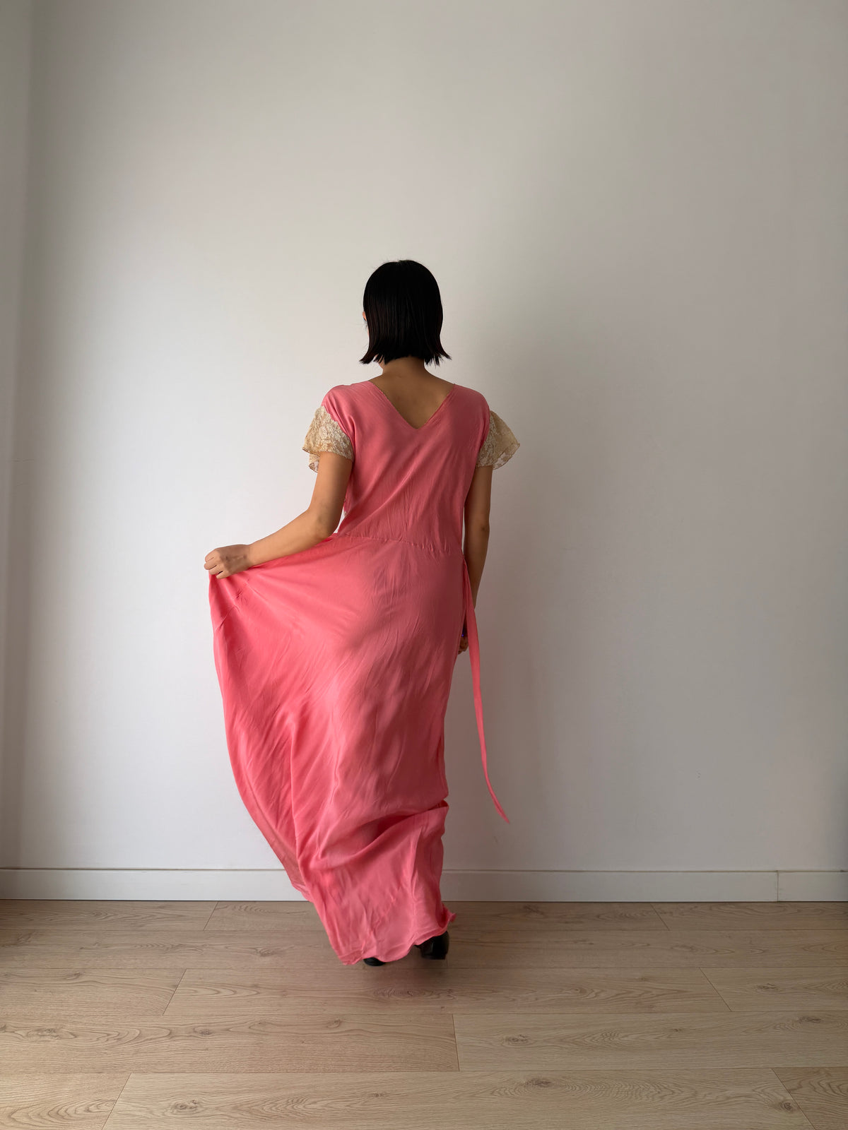 Rare 1940s Hot Pink Silk Bias Cut Gown, Ivory Lace Bodice, Draped Skirt, Romantic Antique Evening Dress