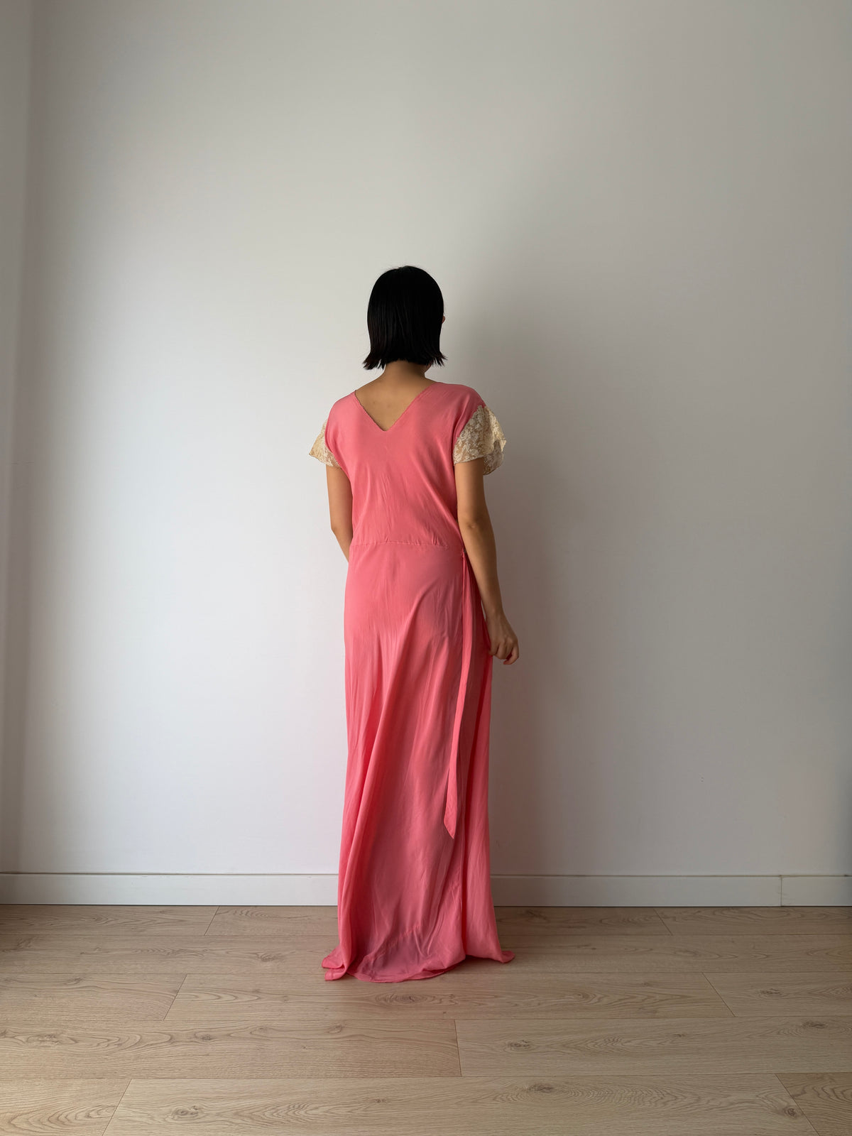 Rare 1940s Hot Pink Silk Bias Cut Gown, Ivory Lace Bodice, Draped Skirt, Romantic Antique Evening Dress