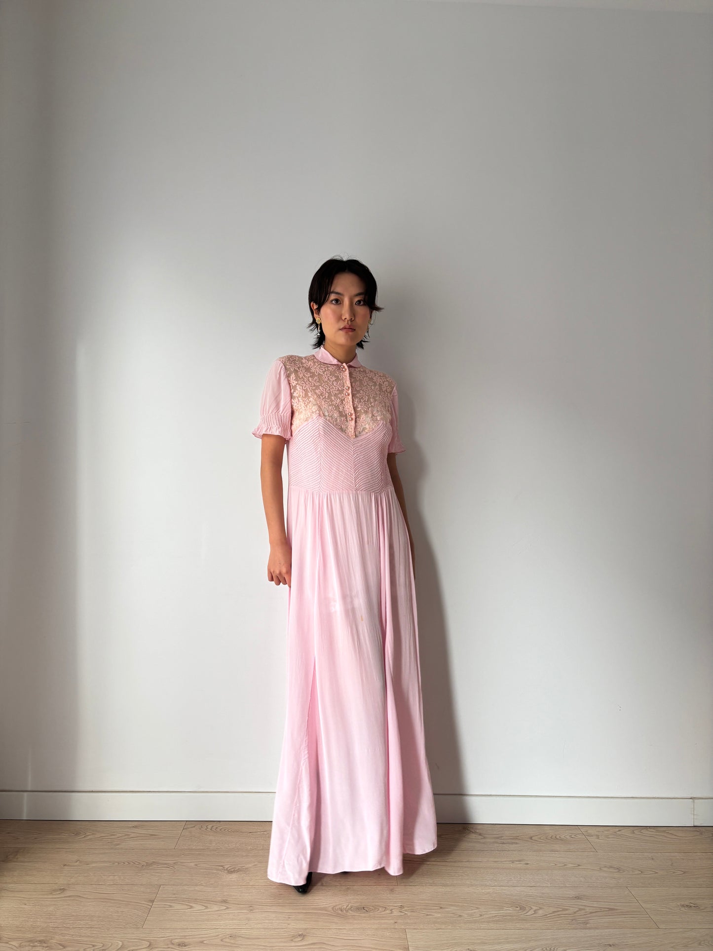 1940s Pin Tuck Maxi Dress in Lilac: Floral Lace on Silk Crepe