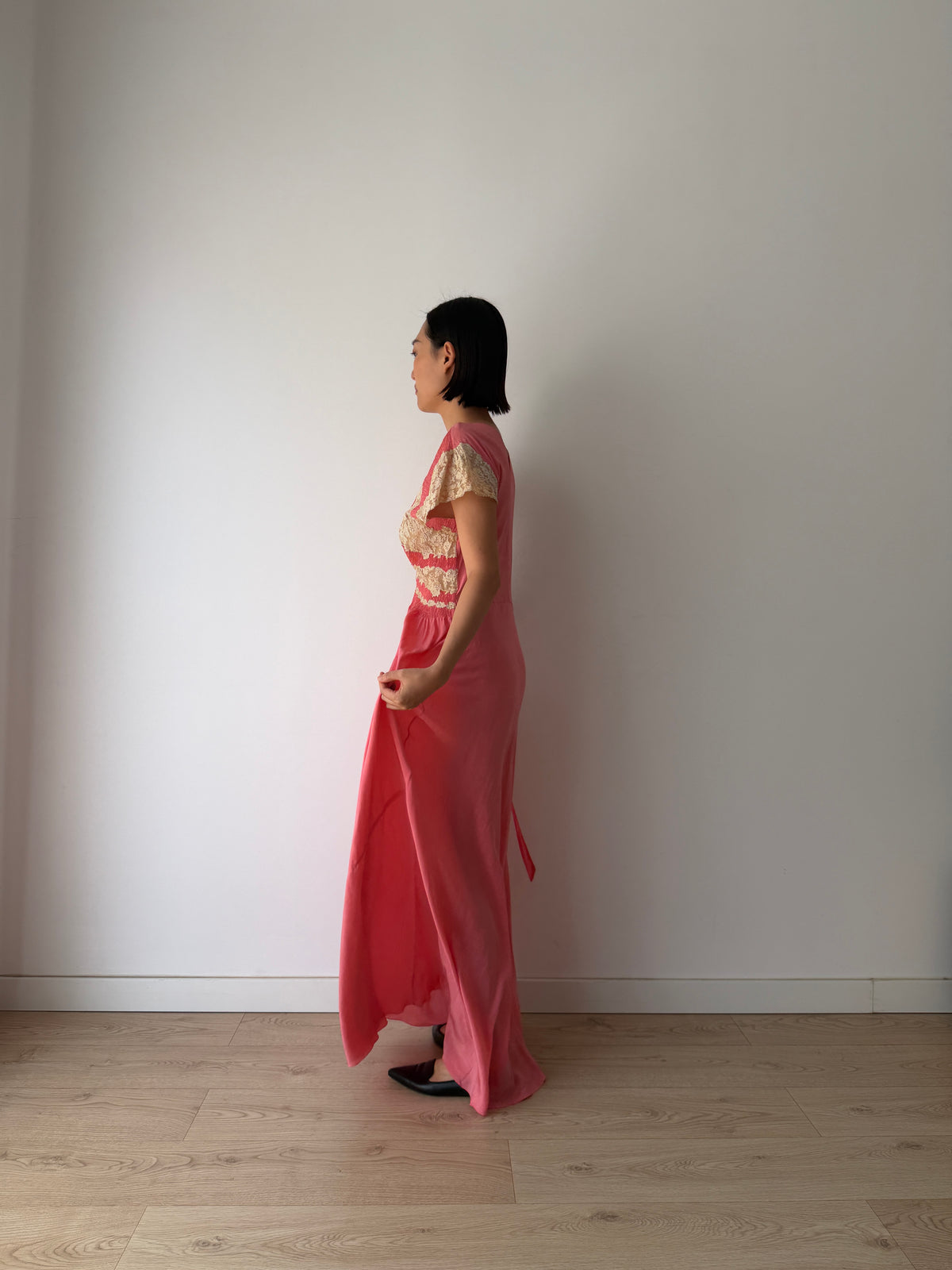 Rare 1940s Hot Pink Silk Bias Cut Gown, Ivory Lace Bodice, Draped Skirt, Romantic Antique Evening Dress