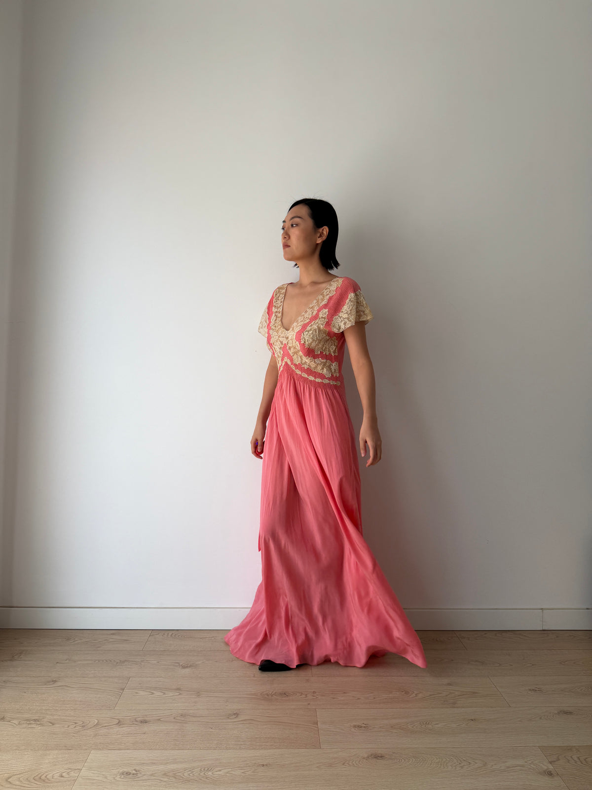Rare 1940s Hot Pink Silk Bias Cut Gown, Ivory Lace Bodice, Draped Skirt, Romantic Antique Evening Dress