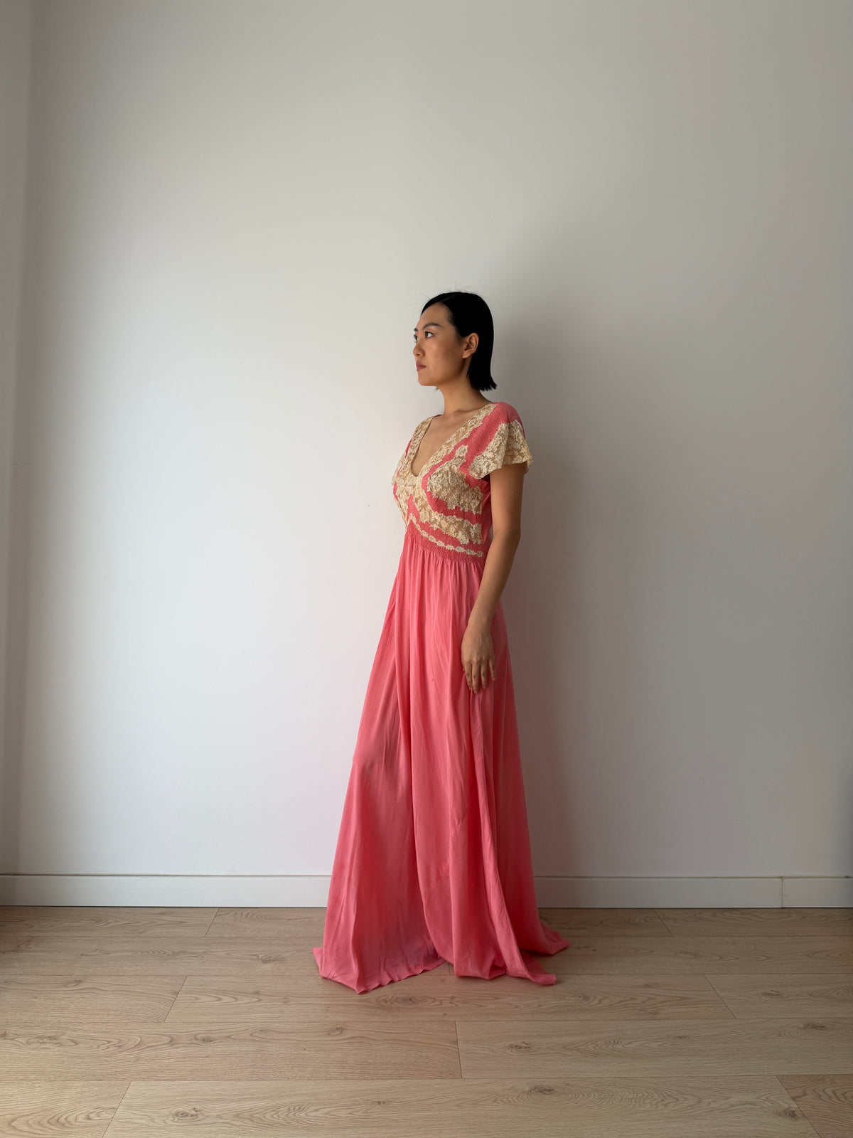 Rare 1940s Hot Pink Silk Bias Cut Gown, Ivory Lace Bodice, Draped Skirt, Romantic Antique Evening Dress