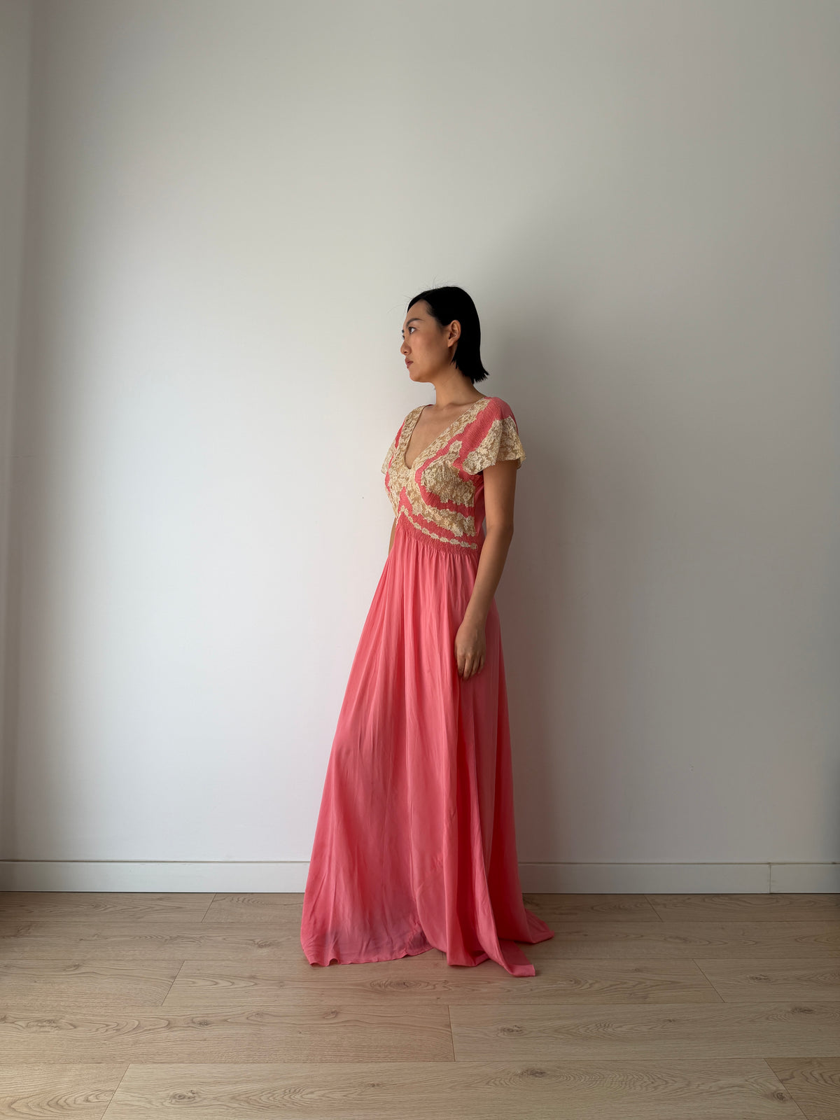 Rare 1940s Hot Pink Silk Bias Cut Gown, Ivory Lace Bodice, Draped Skirt, Romantic Antique Evening Dress