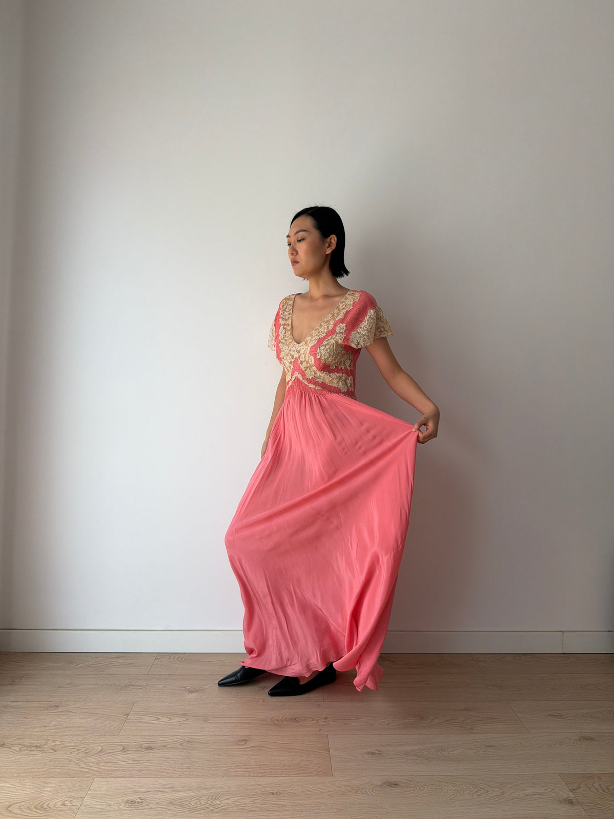 Rare 1940s Hot Pink Silk Bias Cut Gown, Ivory Lace Bodice, Draped Skirt, Romantic Antique Evening Dress