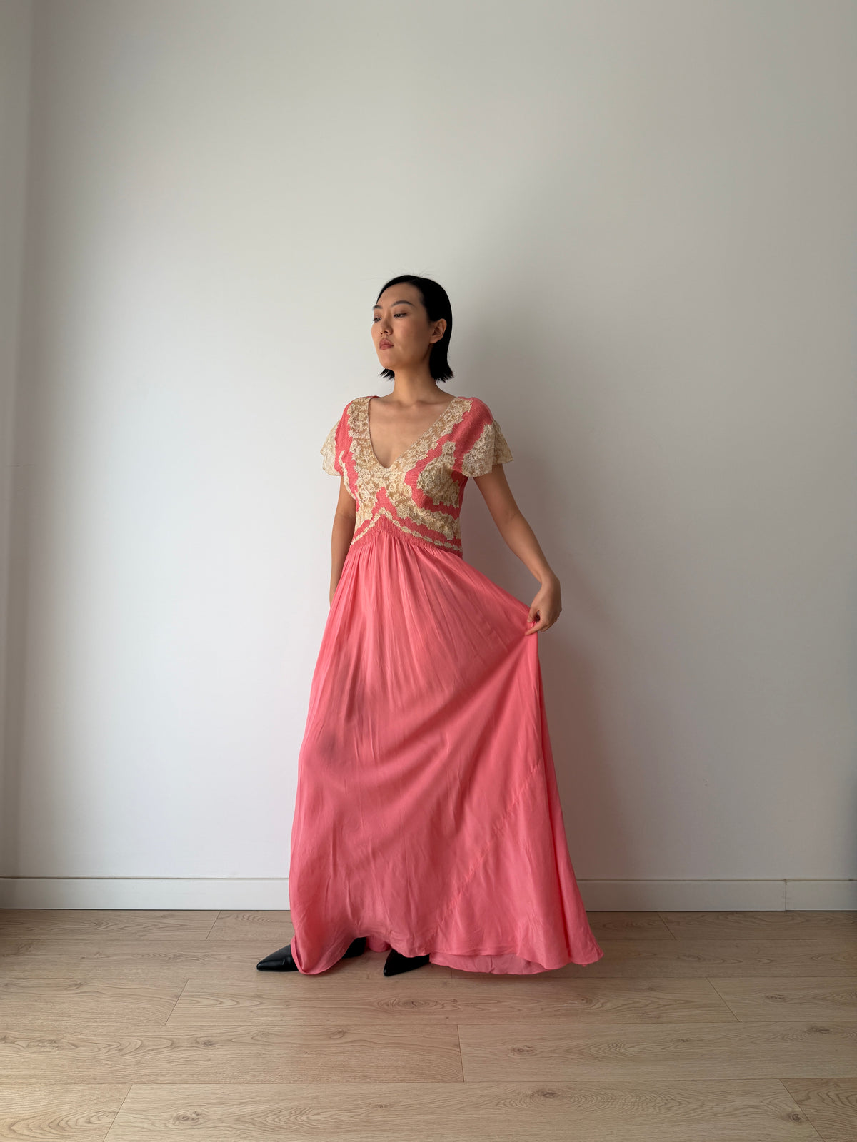 Rare 1940s Hot Pink Silk Bias Cut Gown, Ivory Lace Bodice, Draped Skirt, Romantic Antique Evening Dress