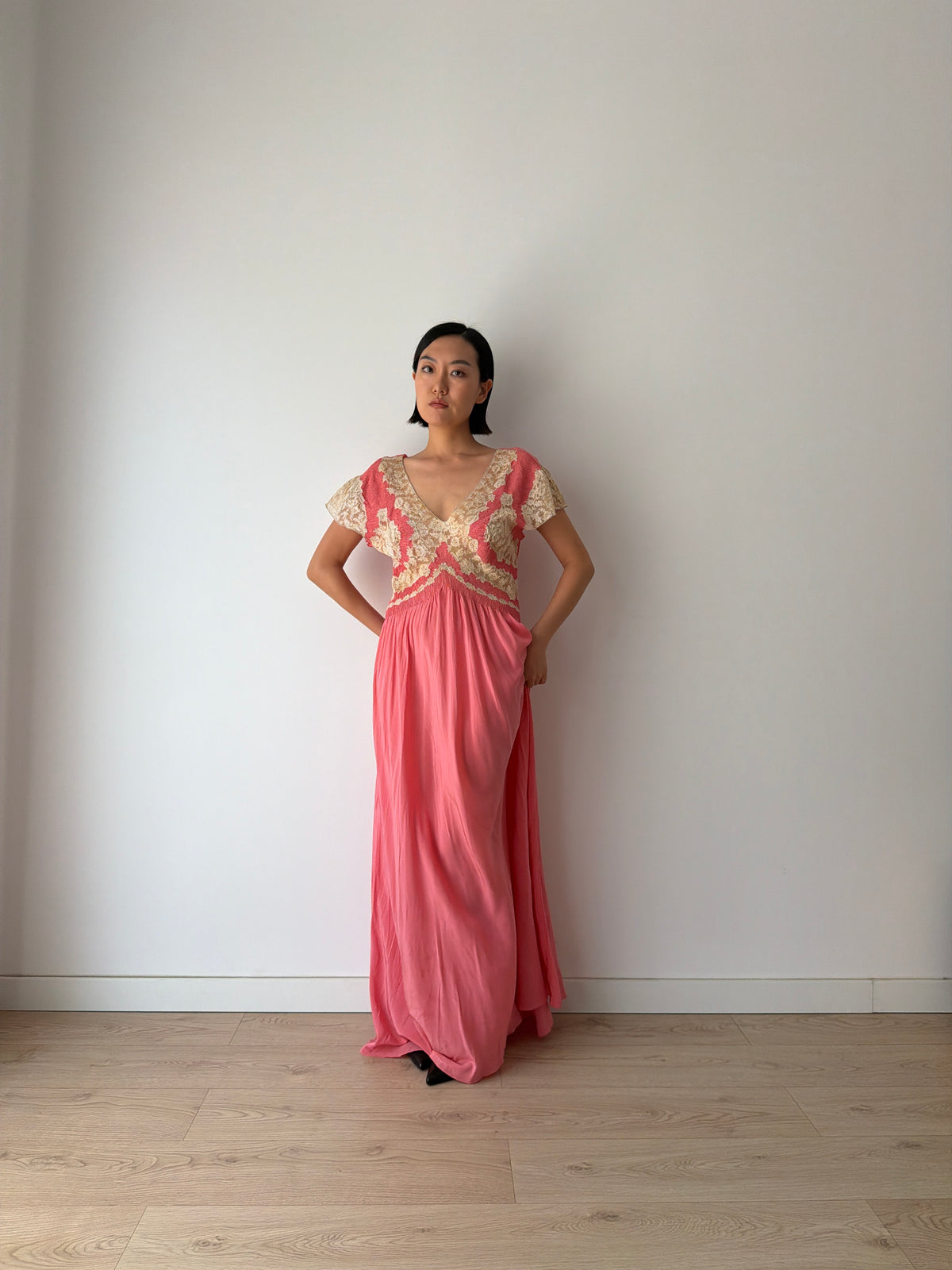 Rare 1940s Hot Pink Silk Bias Cut Gown, Ivory Lace Bodice, Draped Skirt, Romantic Antique Evening Dress