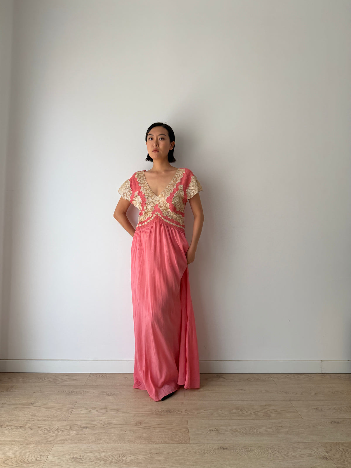 Rare 1940s Hot Pink Silk Bias Cut Gown, Ivory Lace Bodice, Draped Skirt, Romantic Antique Evening Dress