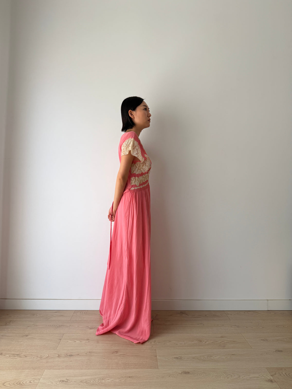 Rare 1940s Hot Pink Silk Bias Cut Gown, Ivory Lace Bodice, Draped Skirt, Romantic Antique Evening Dress