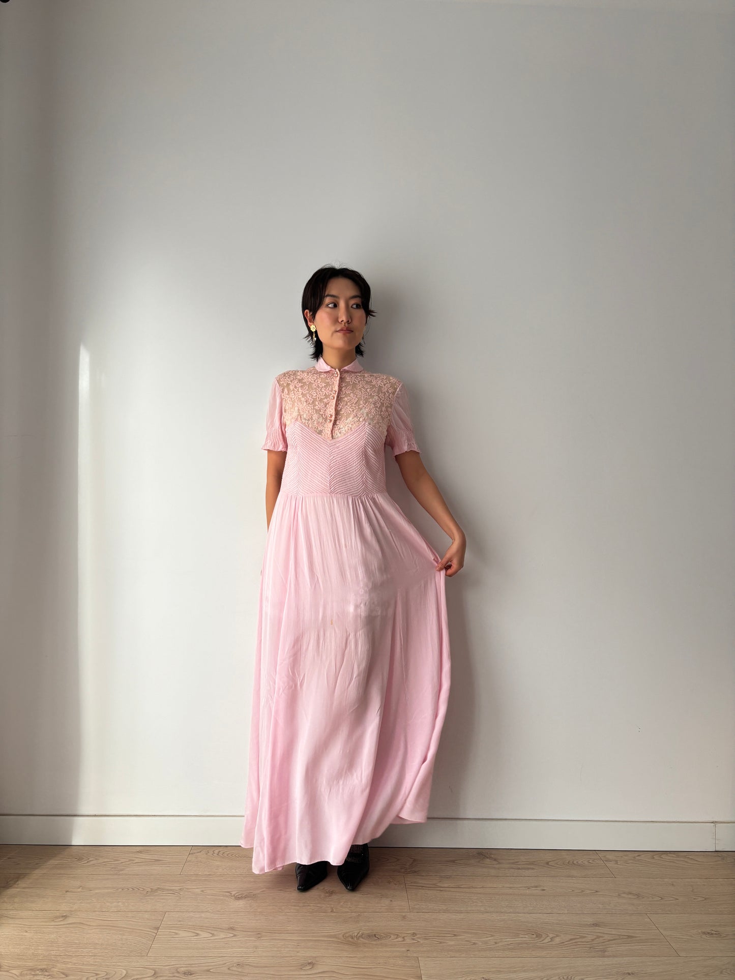 1940s Pin Tuck Maxi Dress in Lilac: Floral Lace on Silk Crepe