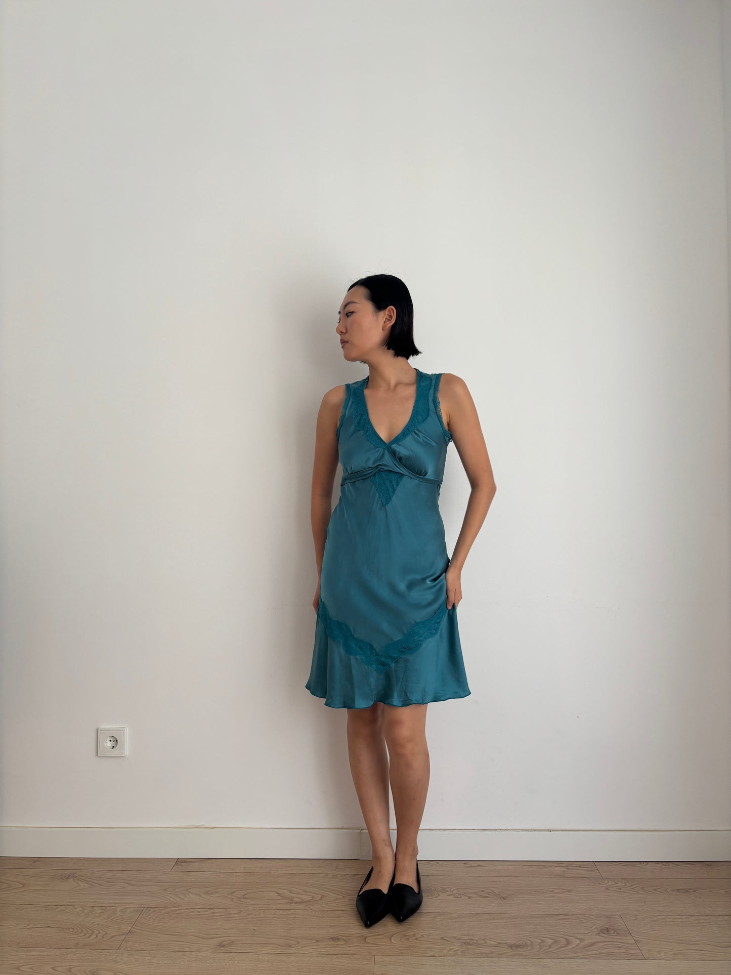 Vintage 90s Silk Dress | Deep Teal Blue Lace Detail Sleeveless