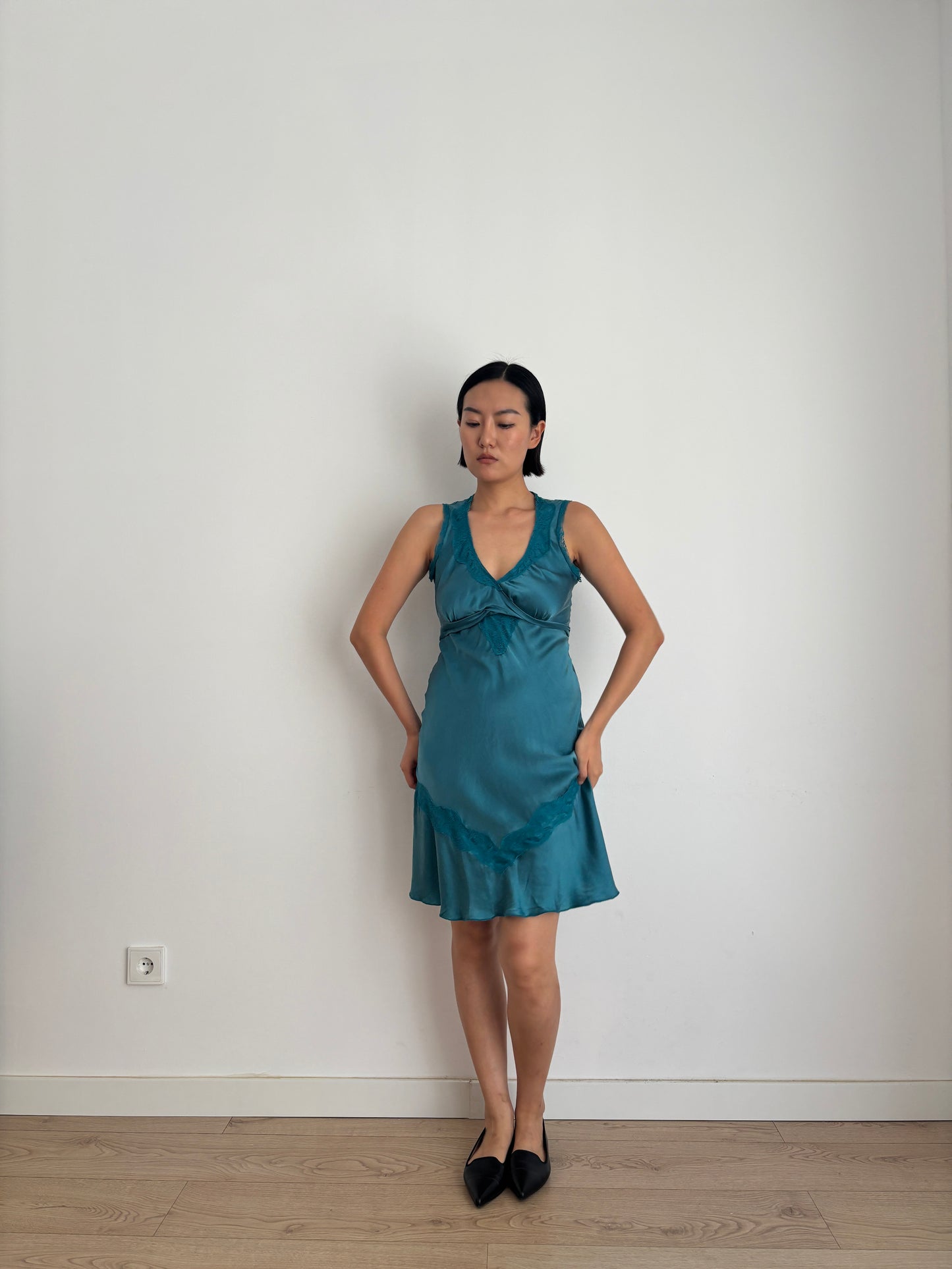 Vintage 90s Silk Dress | Deep Teal Blue Lace Detail Sleeveless