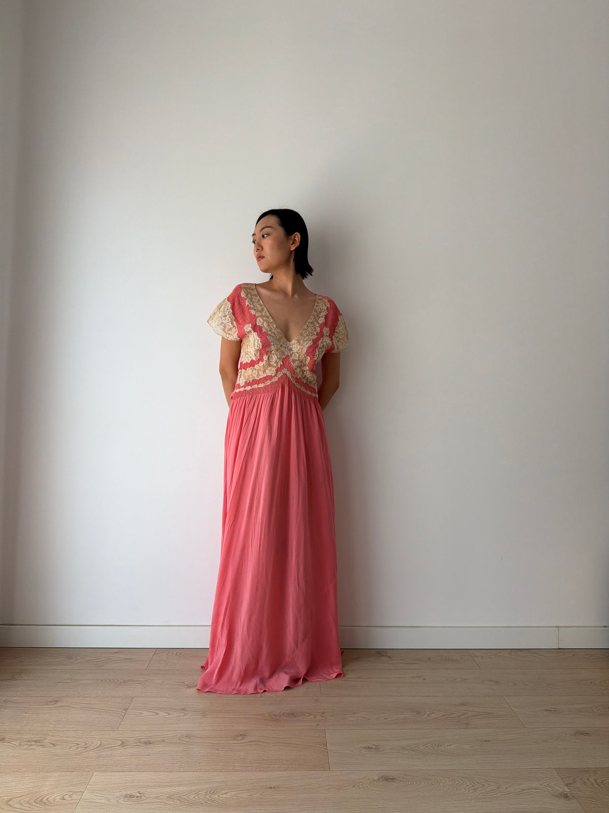 Rare 1940s Hot Pink Silk Bias Cut Gown, Ivory Lace Bodice, Draped Skirt, Romantic Antique Evening Dress