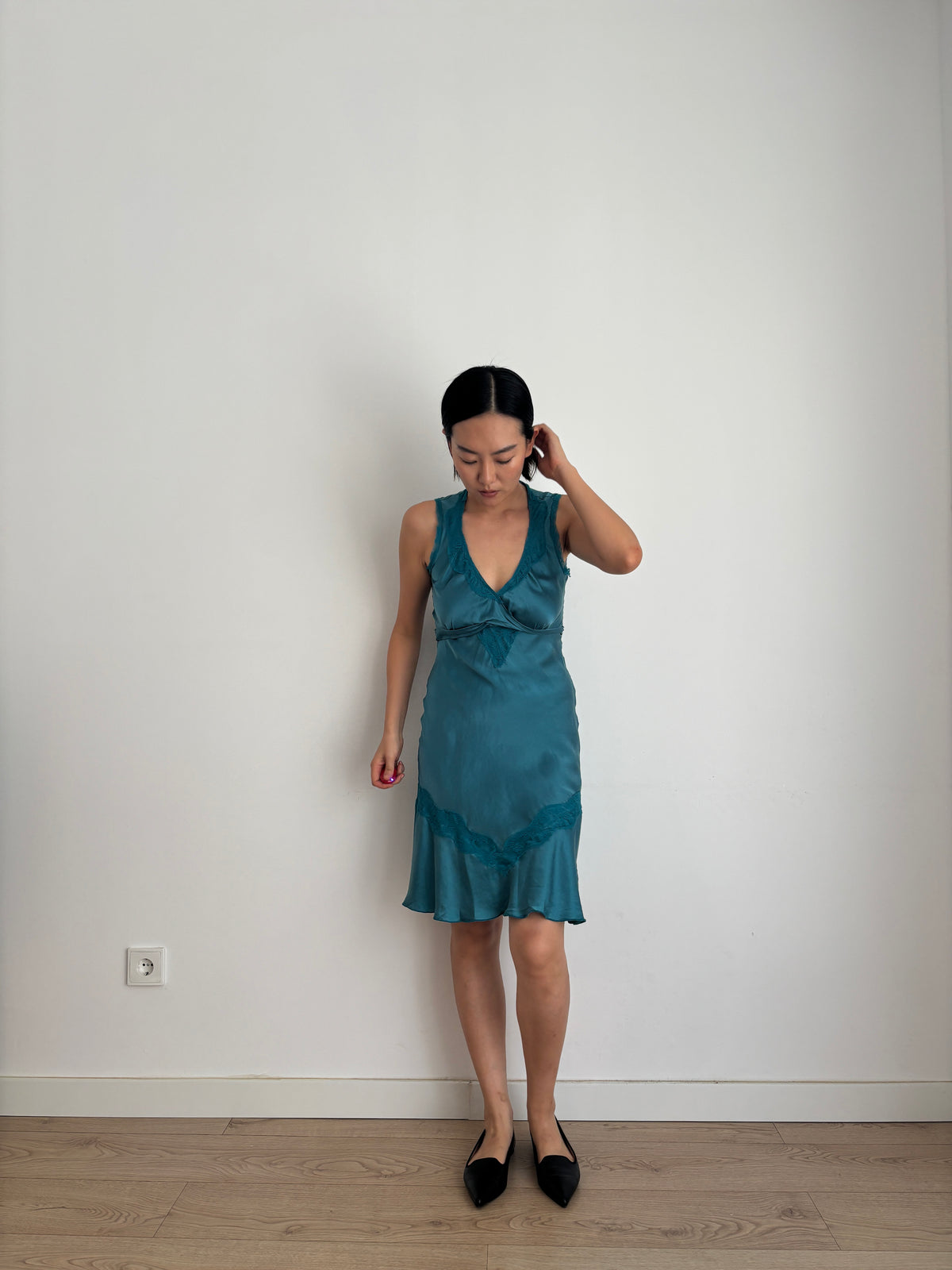 Vintage 90s Silk Dress | Deep Teal Blue Lace Detail Sleeveless