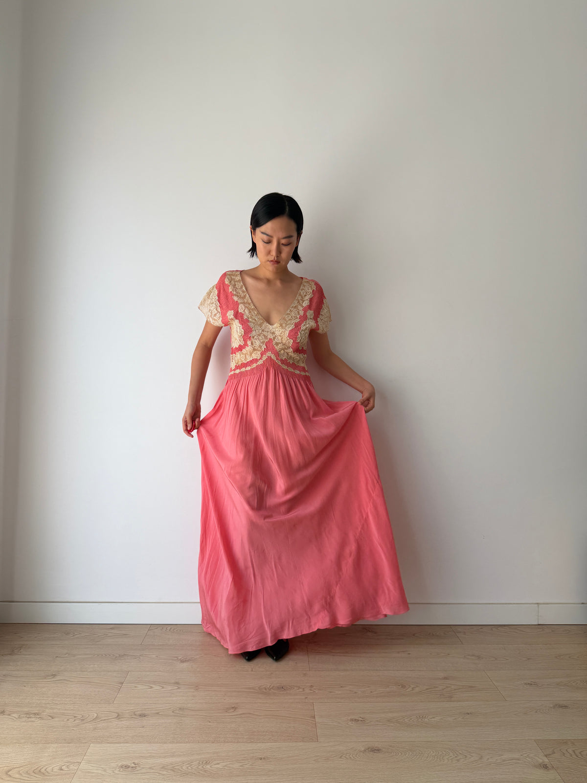 Rare 1940s Hot Pink Silk Bias Cut Gown, Ivory Lace Bodice, Draped Skirt, Romantic Antique Evening Dress