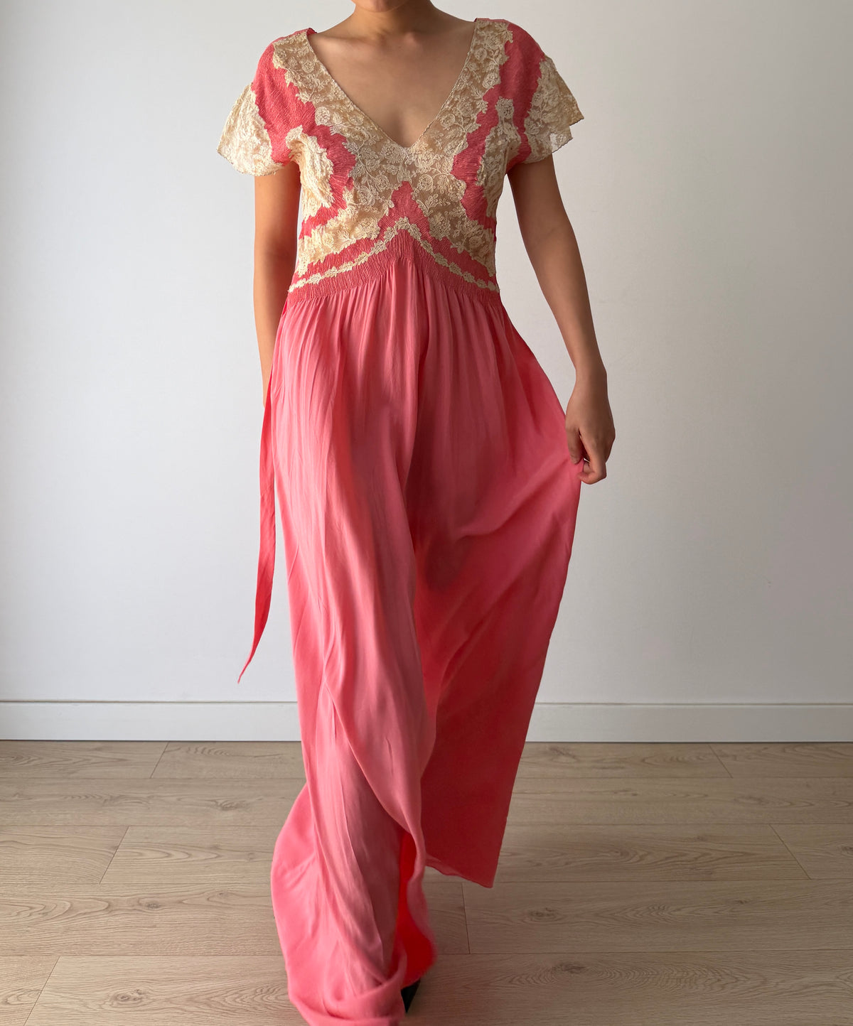 Rare 1940s Hot Pink Silk Bias Cut Gown, Ivory Lace Bodice, Draped Skirt, Romantic Antique Evening Dress