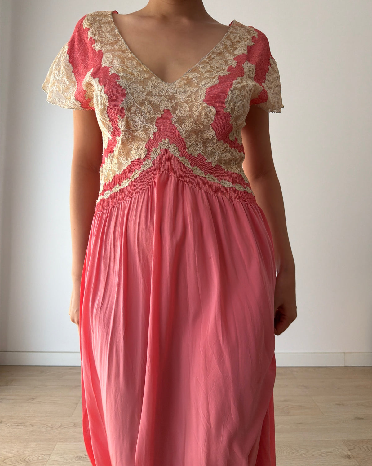 Rare 1940s Hot Pink Silk Bias Cut Gown, Ivory Lace Bodice, Draped Skirt, Romantic Antique Evening Dress