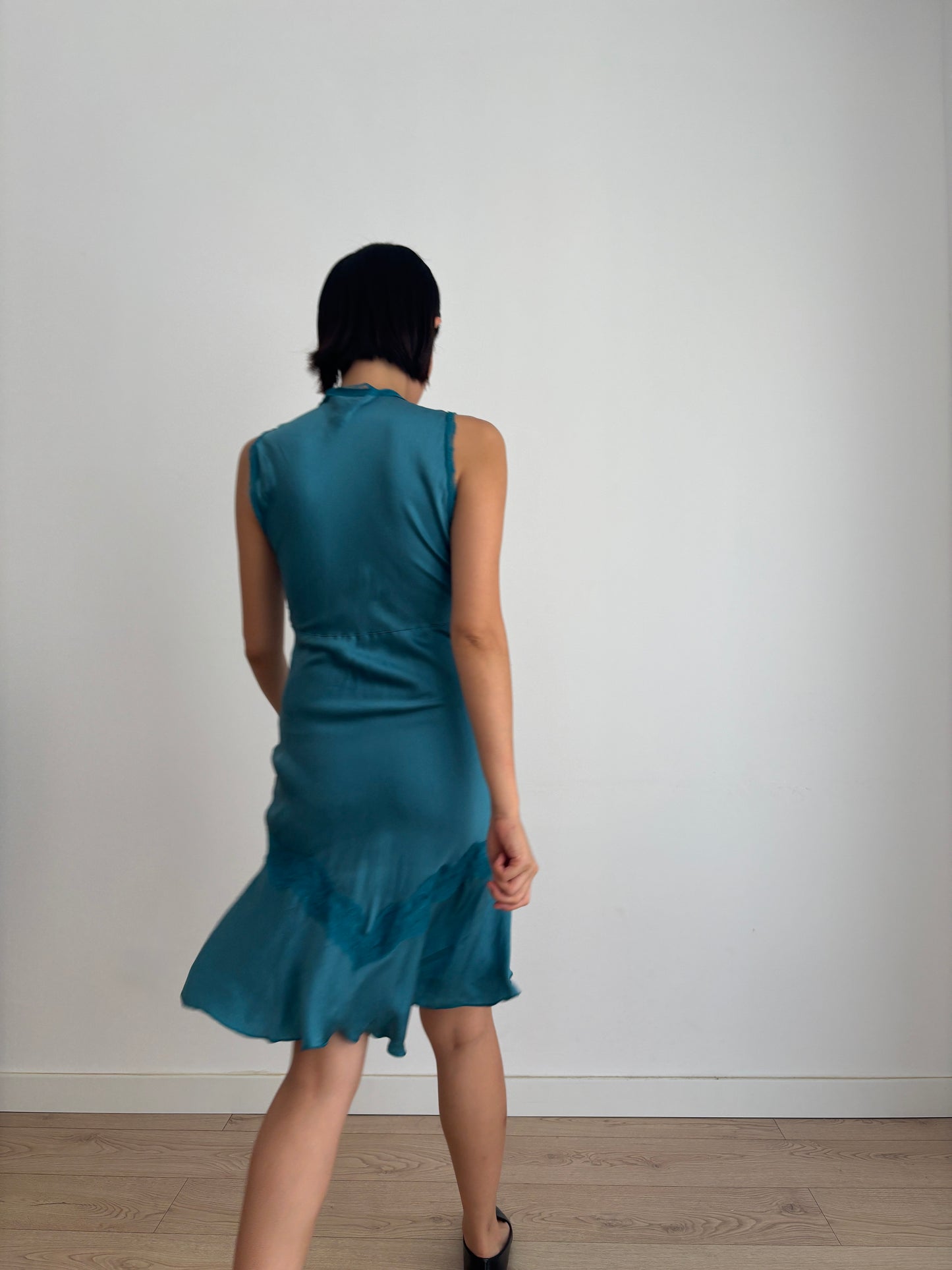 Vintage 90s Silk Dress | Deep Teal Blue Lace Detail Sleeveless