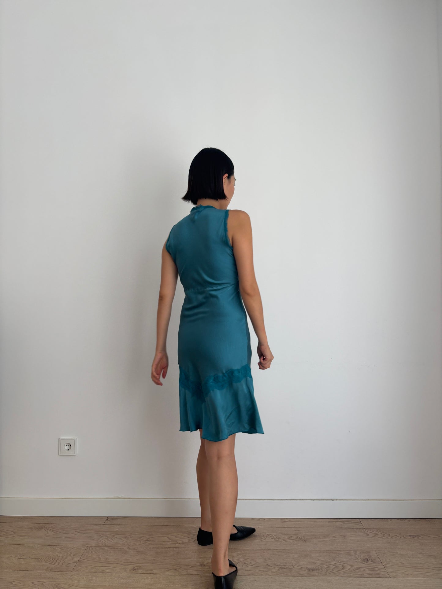 Vintage 90s Silk Dress | Deep Teal Blue Lace Detail Sleeveless