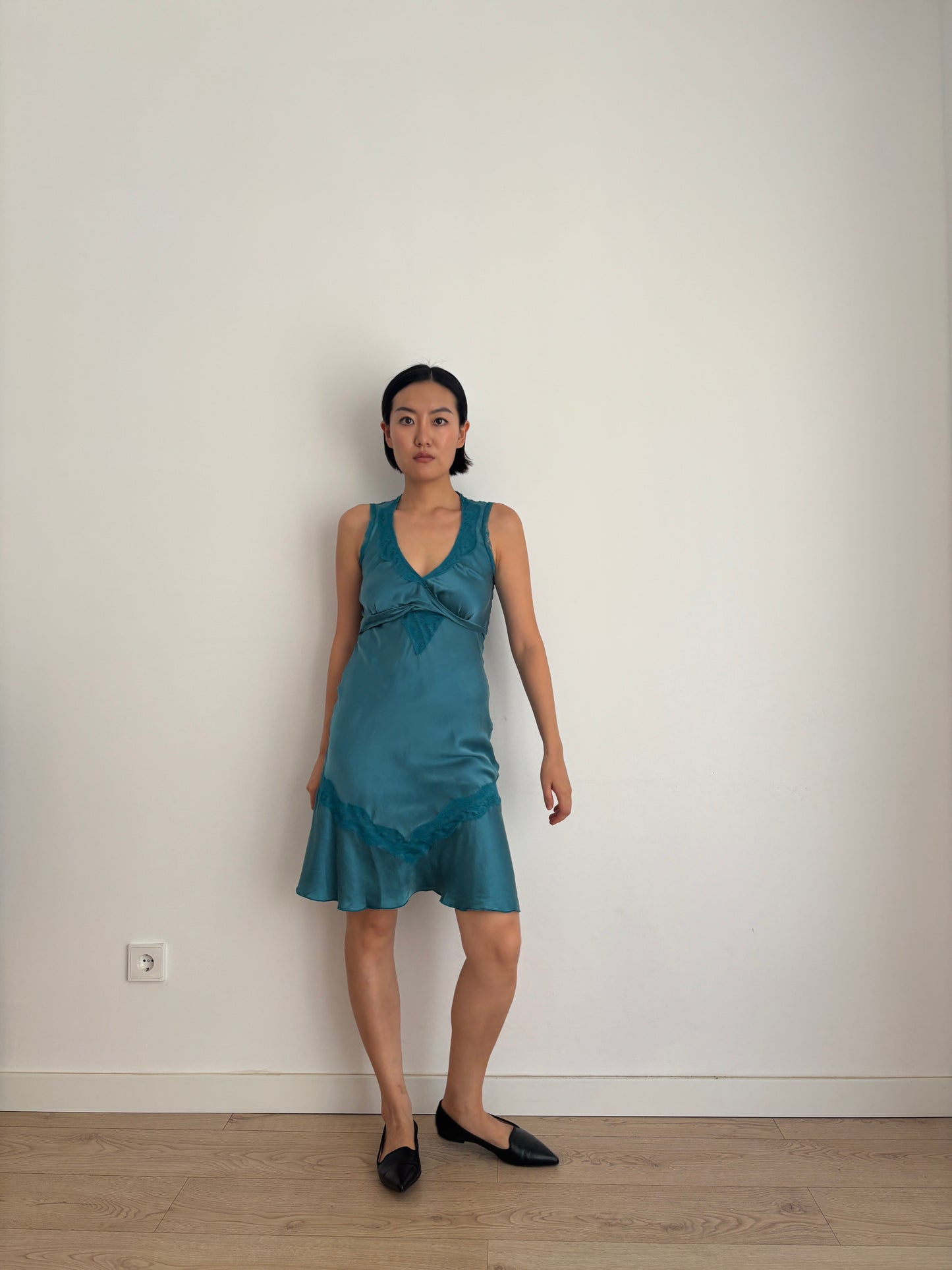 Vintage 90s Silk Dress | Deep Teal Blue Lace Detail Sleeveless