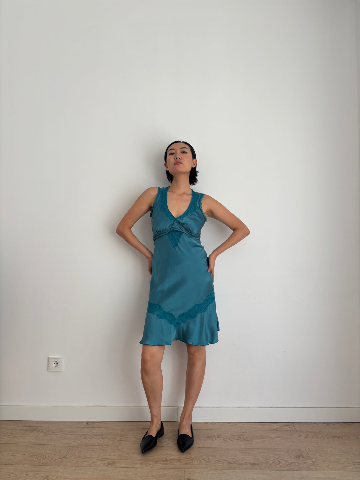 Vintage 90s Silk Dress | Deep Teal Blue Lace Detail Sleeveless