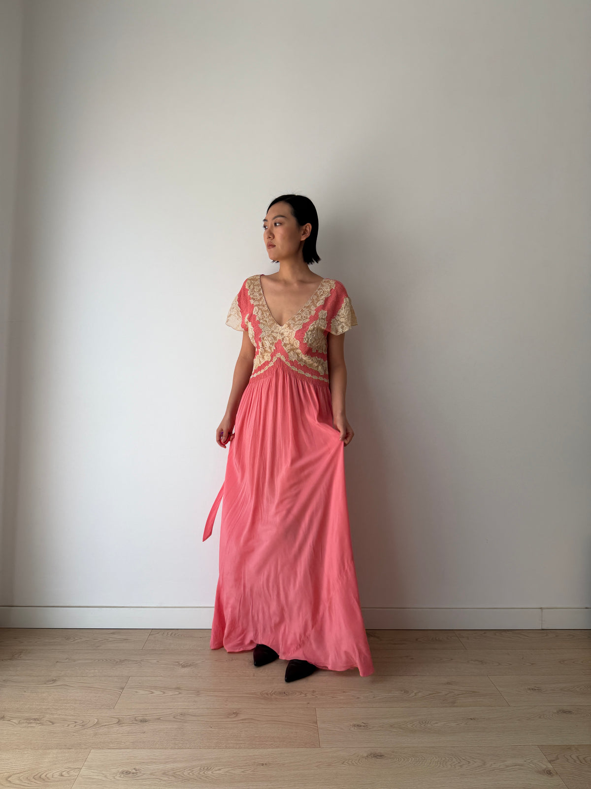 Rare 1940s Hot Pink Silk Bias Cut Gown, Ivory Lace Bodice, Draped Skirt, Romantic Antique Evening Dress