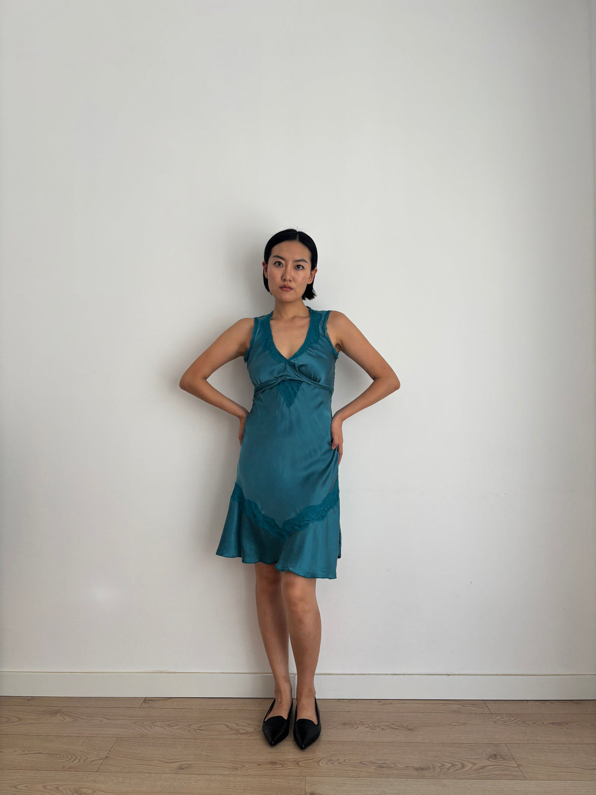 Vintage 90s Silk Dress | Deep Teal Blue Lace Detail Sleeveless