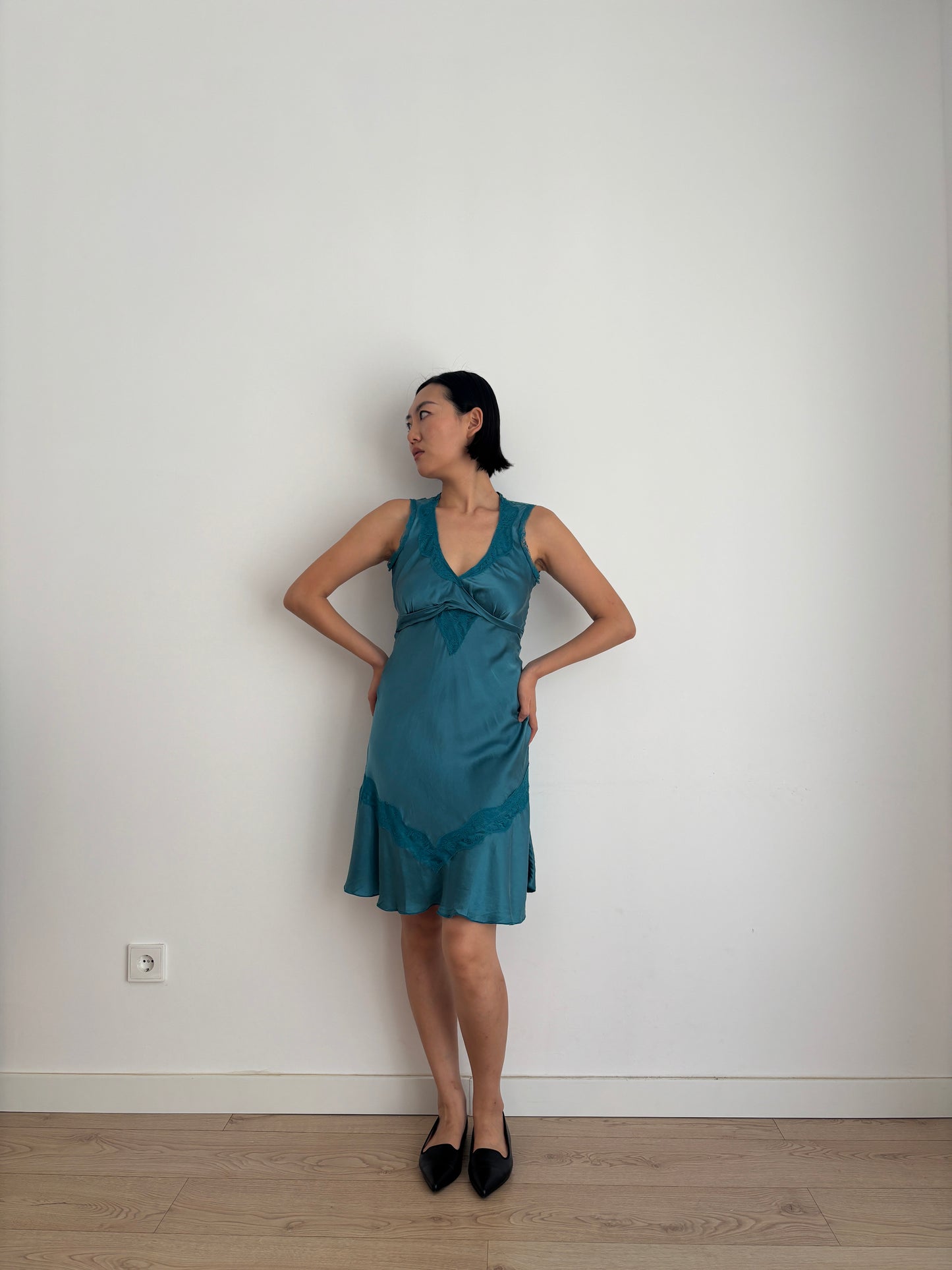 Vintage 90s Silk Dress | Deep Teal Blue Lace Detail Sleeveless