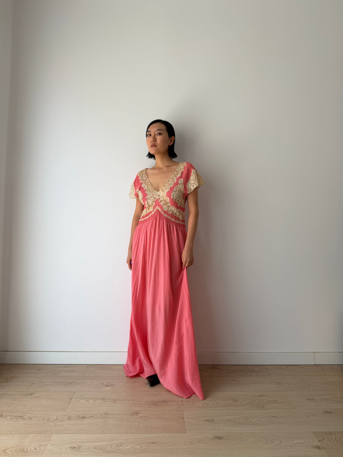 Rare 1940s Hot Pink Silk Bias Cut Gown, Ivory Lace Bodice, Draped Skirt, Romantic Antique Evening Dress