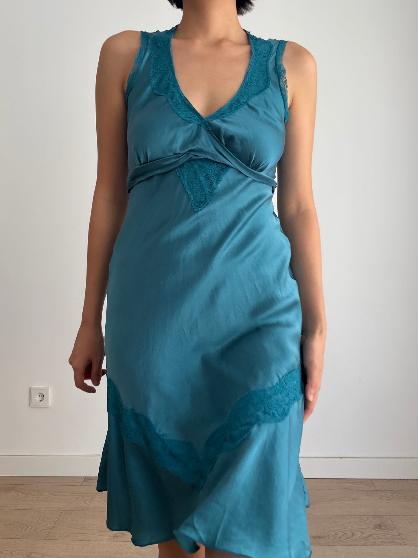 Vintage 90s Silk Dress | Deep Teal Blue Lace Detail Sleeveless