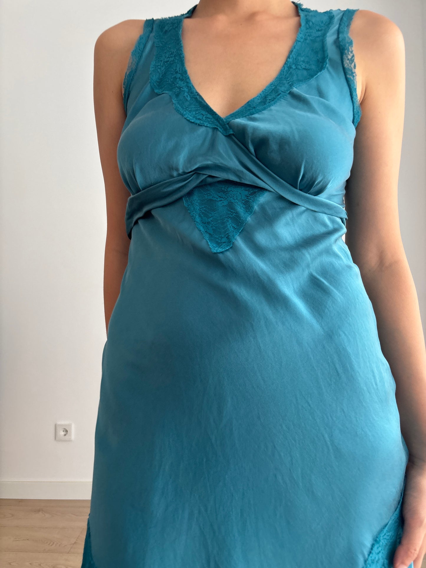 Vintage 90s Silk Dress | Deep Teal Blue Lace Detail Sleeveless