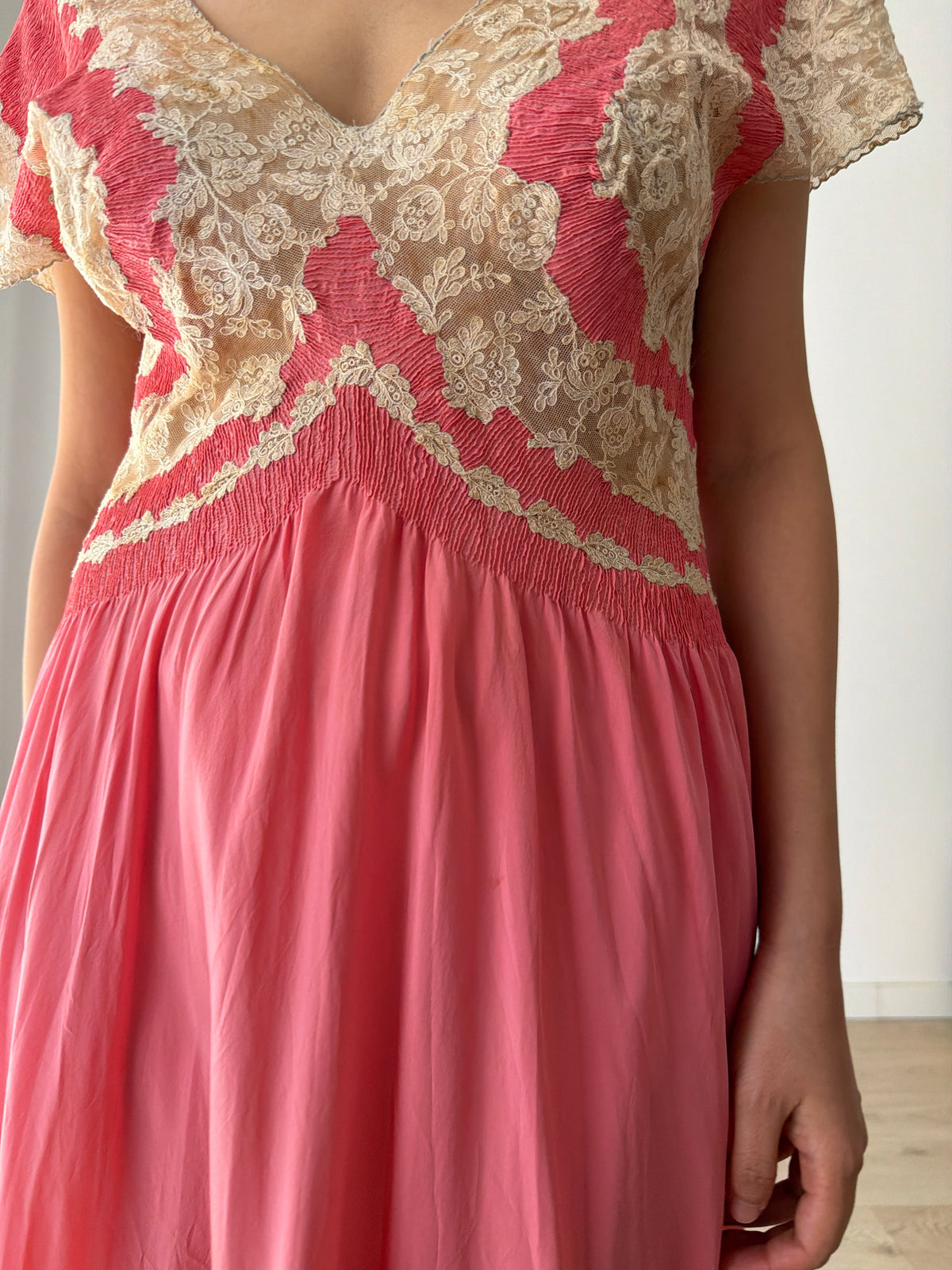 Rare 1940s Hot Pink Silk Bias Cut Gown, Ivory Lace Bodice, Draped Skirt, Romantic Antique Evening Dress