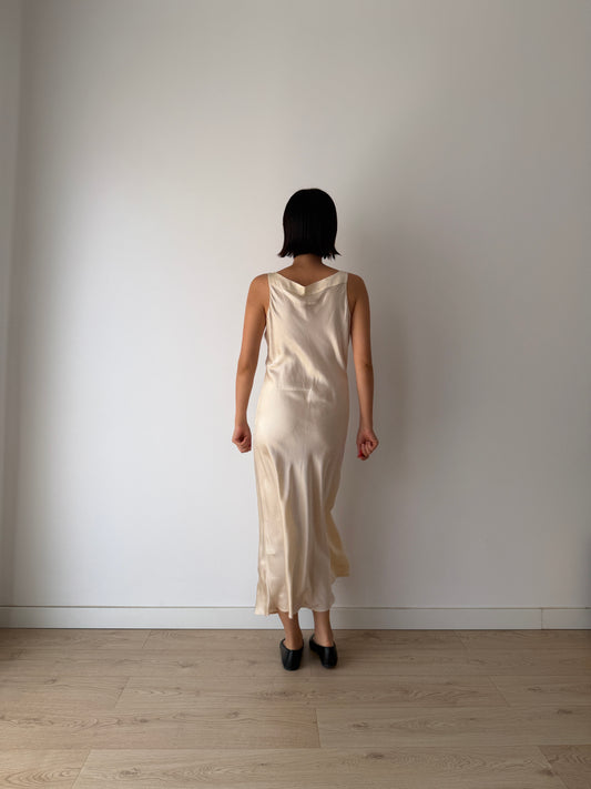 1990s Ivory Silk Simple Chic Bridal Dress, Floral Lace Scoop Neck, Straight Cut, Minimalist Vintage Dress