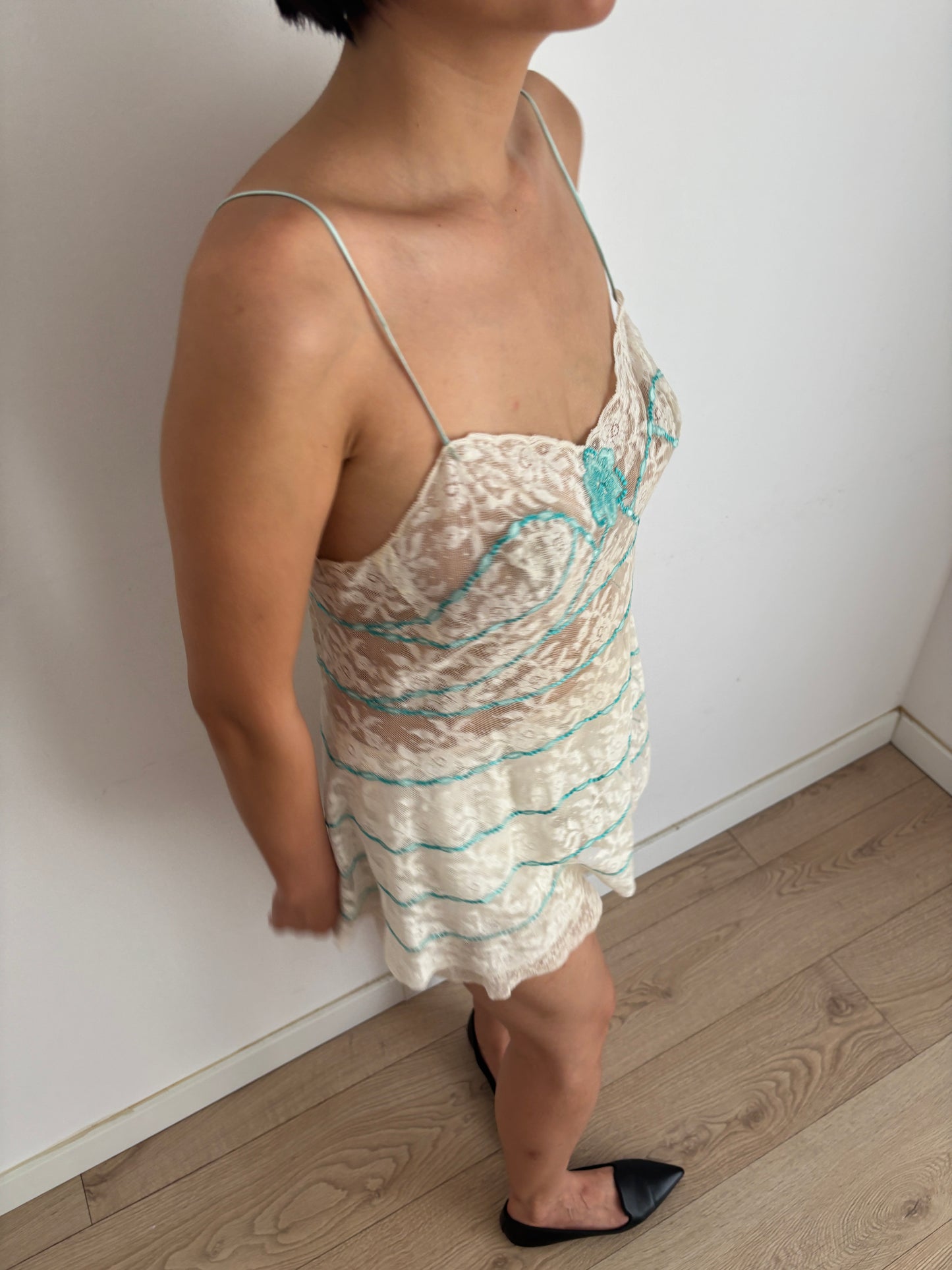 Vintage 1950s Sheer Cotton Lace Top, Floral Lace with Turquoise Ribbon & Floral Applique, Spaghetti Strap Teddy