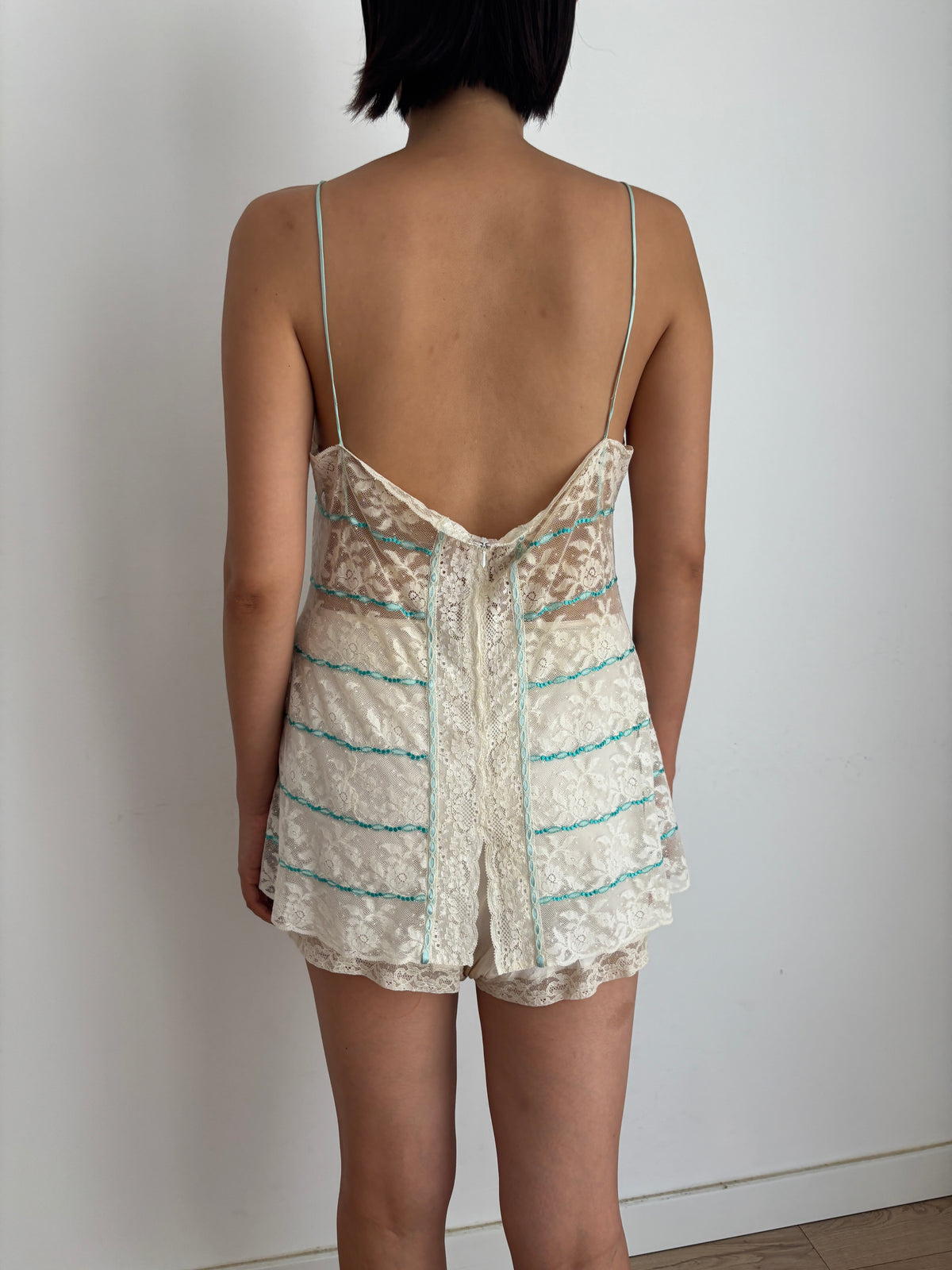 Vintage 1950s Sheer Cotton Lace Top, Floral Lace with Turquoise Ribbon & Floral Applique, Spaghetti Strap Teddy