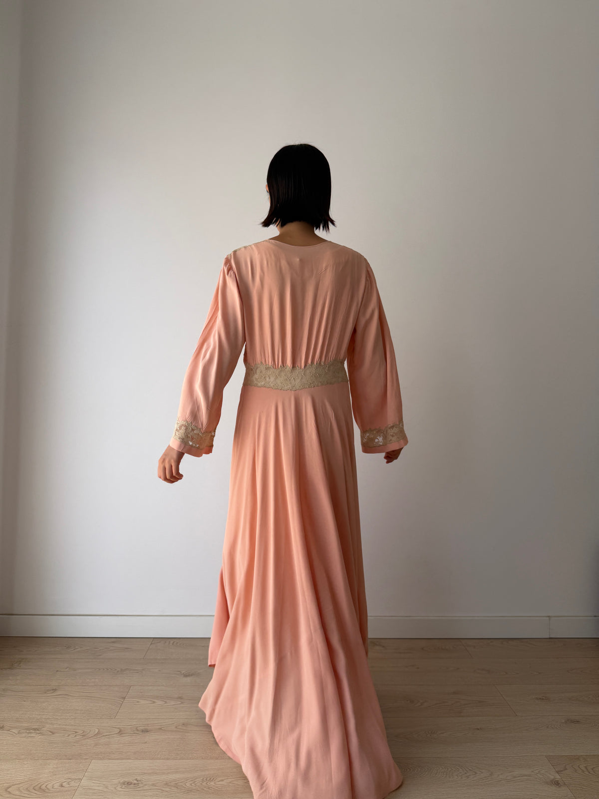 1930s Pink Silk Lace Robe, Ivory Lace Trim, Tie Waist, Flared Sleeves, Antique Loungewear