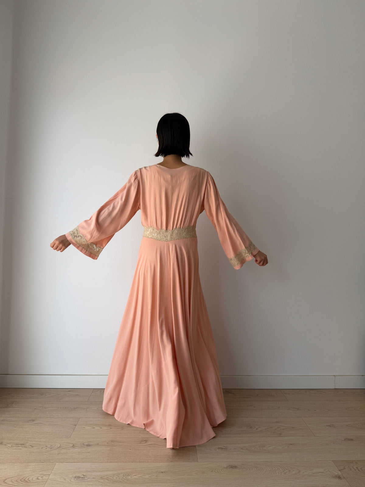 1930s Pink Silk Lace Robe, Ivory Lace Trim, Tie Waist, Flared Sleeves, Antique Loungewear