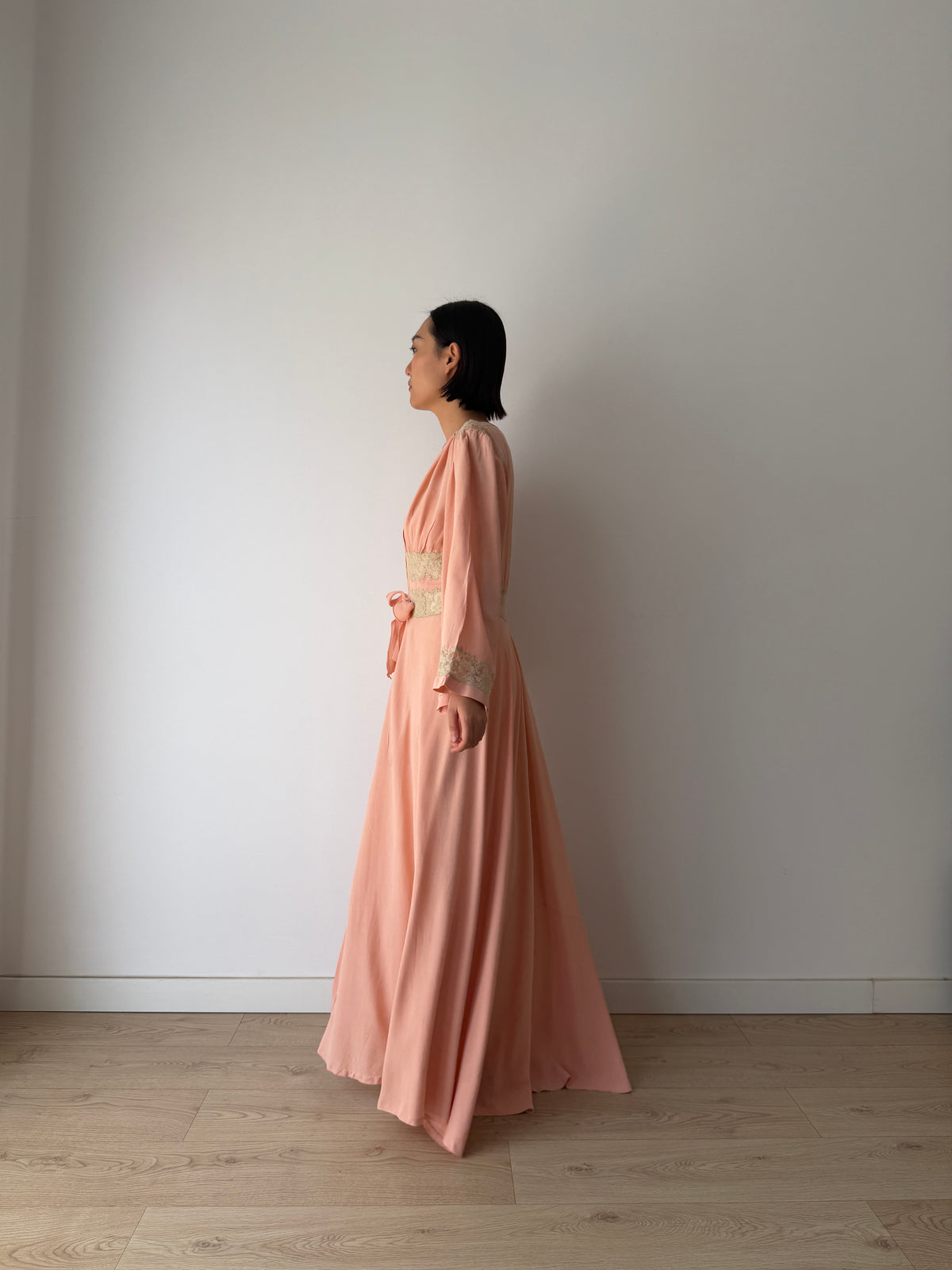 1930s Pink Silk Lace Robe, Ivory Lace Trim, Tie Waist, Flared Sleeves, Antique Loungewear
