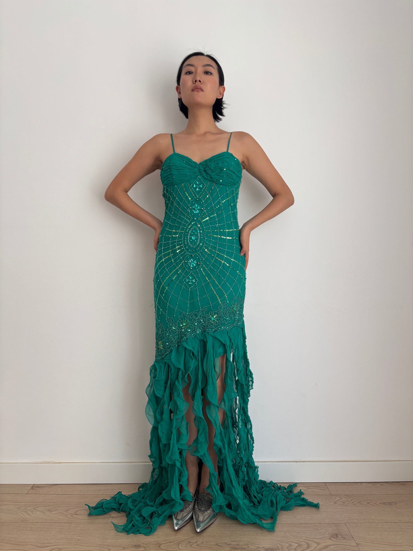 Y2K 90s 100% Silk Beaded Gown, Emerald Teal, Art Deco Sunburst Beading, Low Open Back, Flowy Fringe Hem