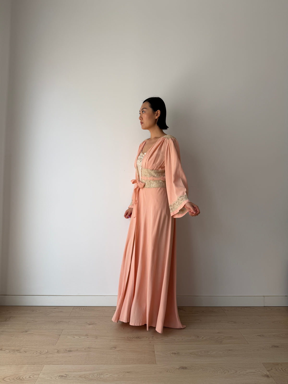 1930s Pink Silk Lace Robe, Ivory Lace Trim, Tie Waist, Flared Sleeves, Antique Loungewear