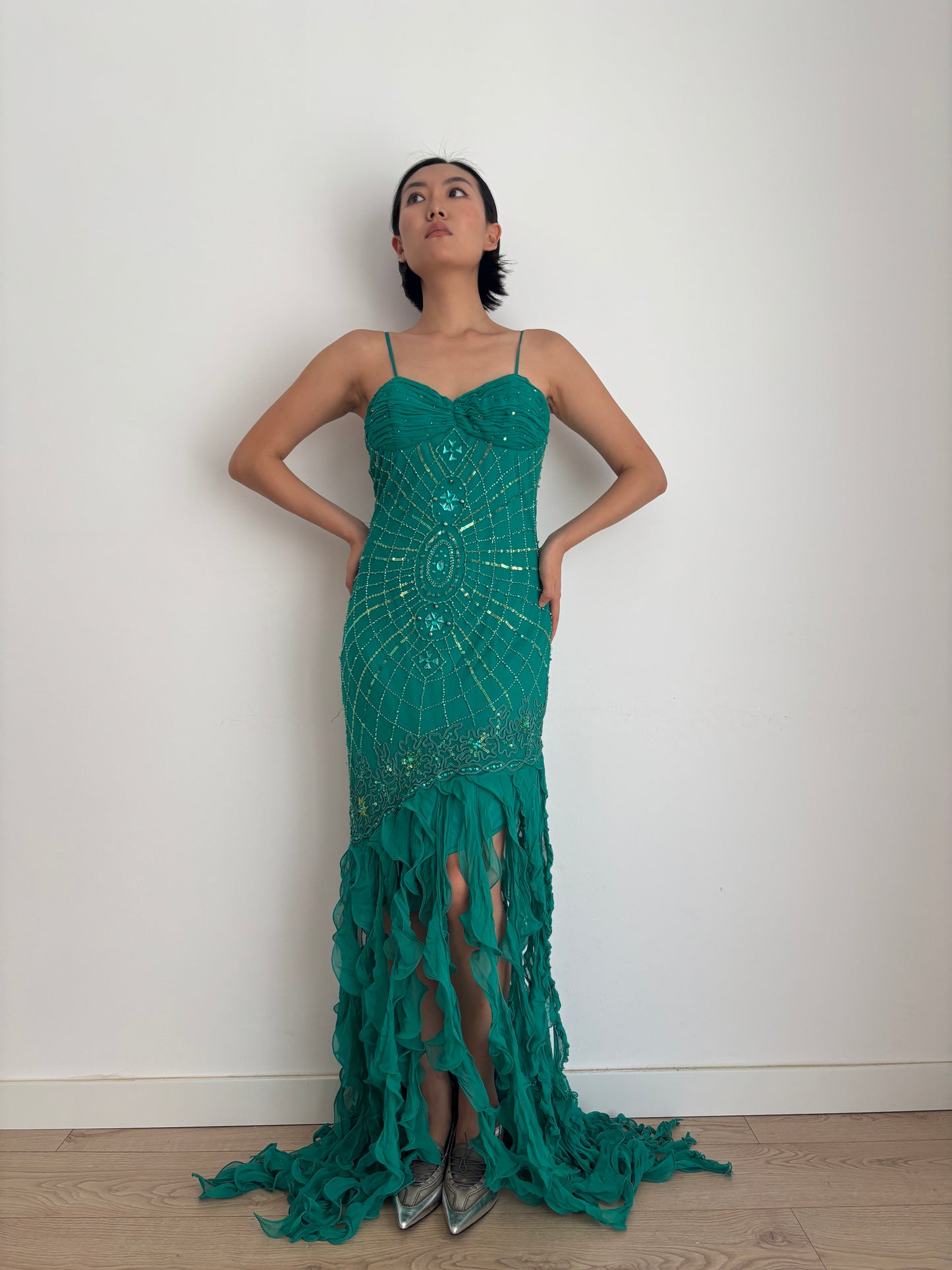Y2K 90s 100% Silk Beaded Gown, Emerald Teal, Art Deco Sunburst Beading, Low Open Back, Flowy Fringe Hem