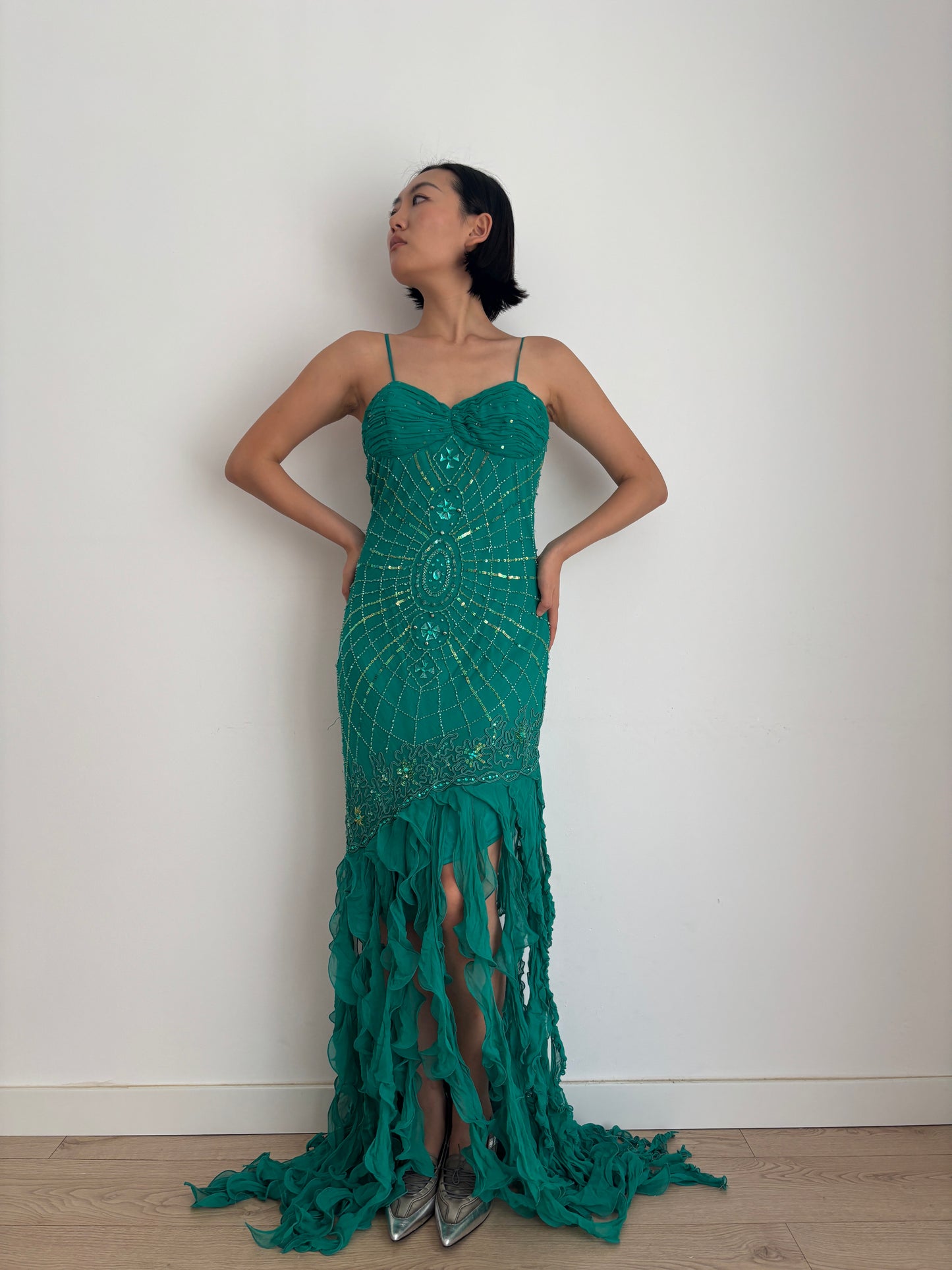 Y2K 90s 100% Silk Beaded Gown, Emerald Teal, Art Deco Sunburst Beading, Low Open Back, Flowy Fringe Hem