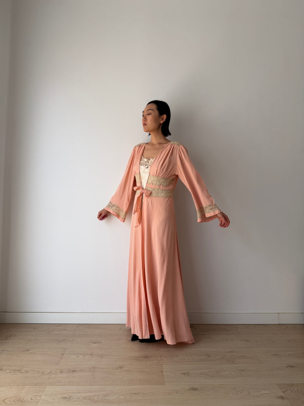 1930s Pink Silk Lace Robe, Ivory Lace Trim, Tie Waist, Flared Sleeves, Antique Loungewear