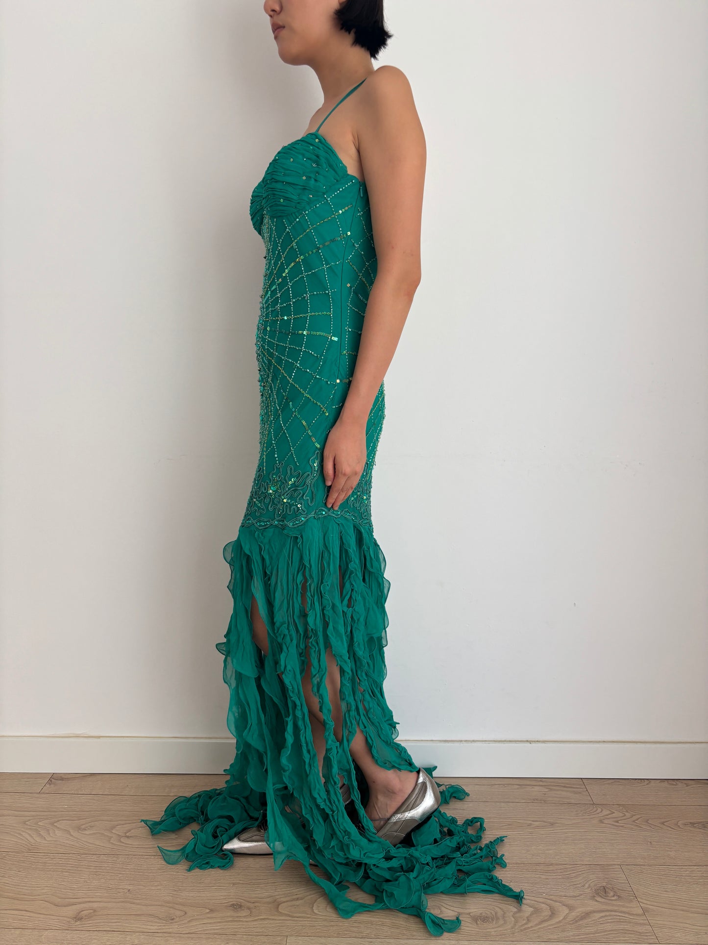 Y2K 90s 100% Silk Beaded Gown, Emerald Teal, Art Deco Sunburst Beading, Low Open Back, Flowy Fringe Hem