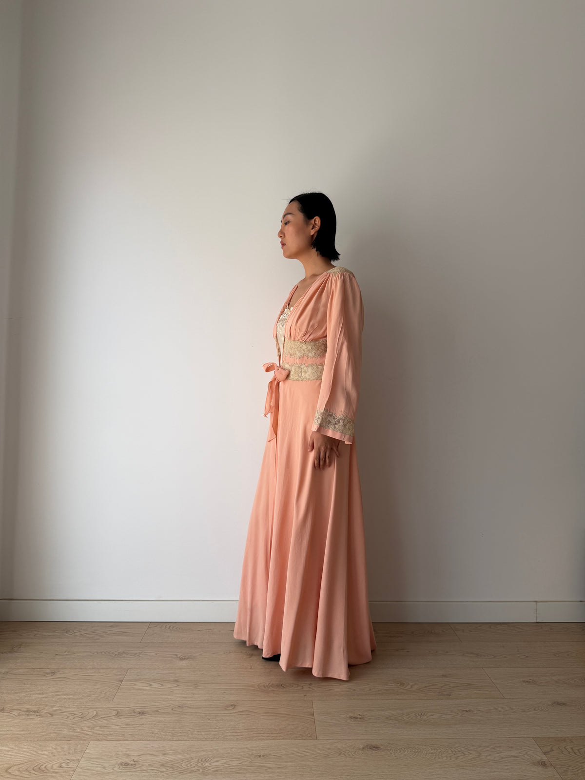 1930s Pink Silk Lace Robe, Ivory Lace Trim, Tie Waist, Flared Sleeves, Antique Loungewear