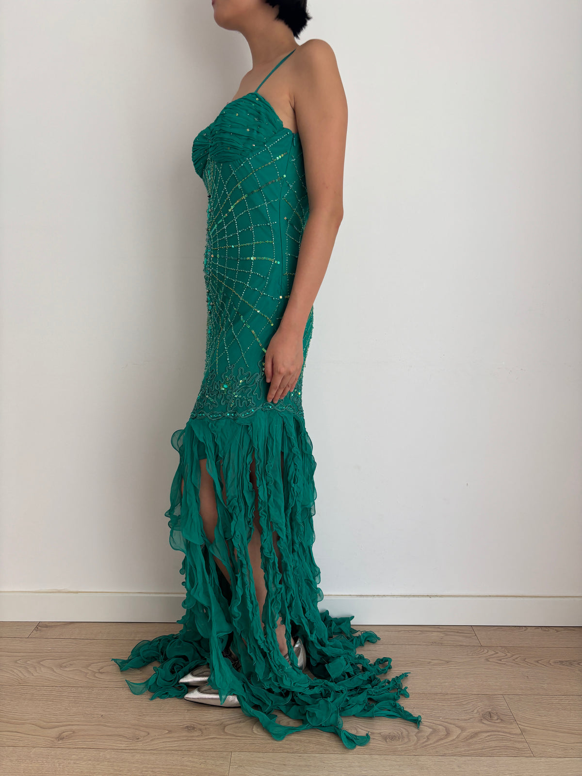 Y2K 90s 100% Silk Beaded Gown, Emerald Teal, Art Deco Sunburst Beading, Low Open Back, Flowy Fringe Hem