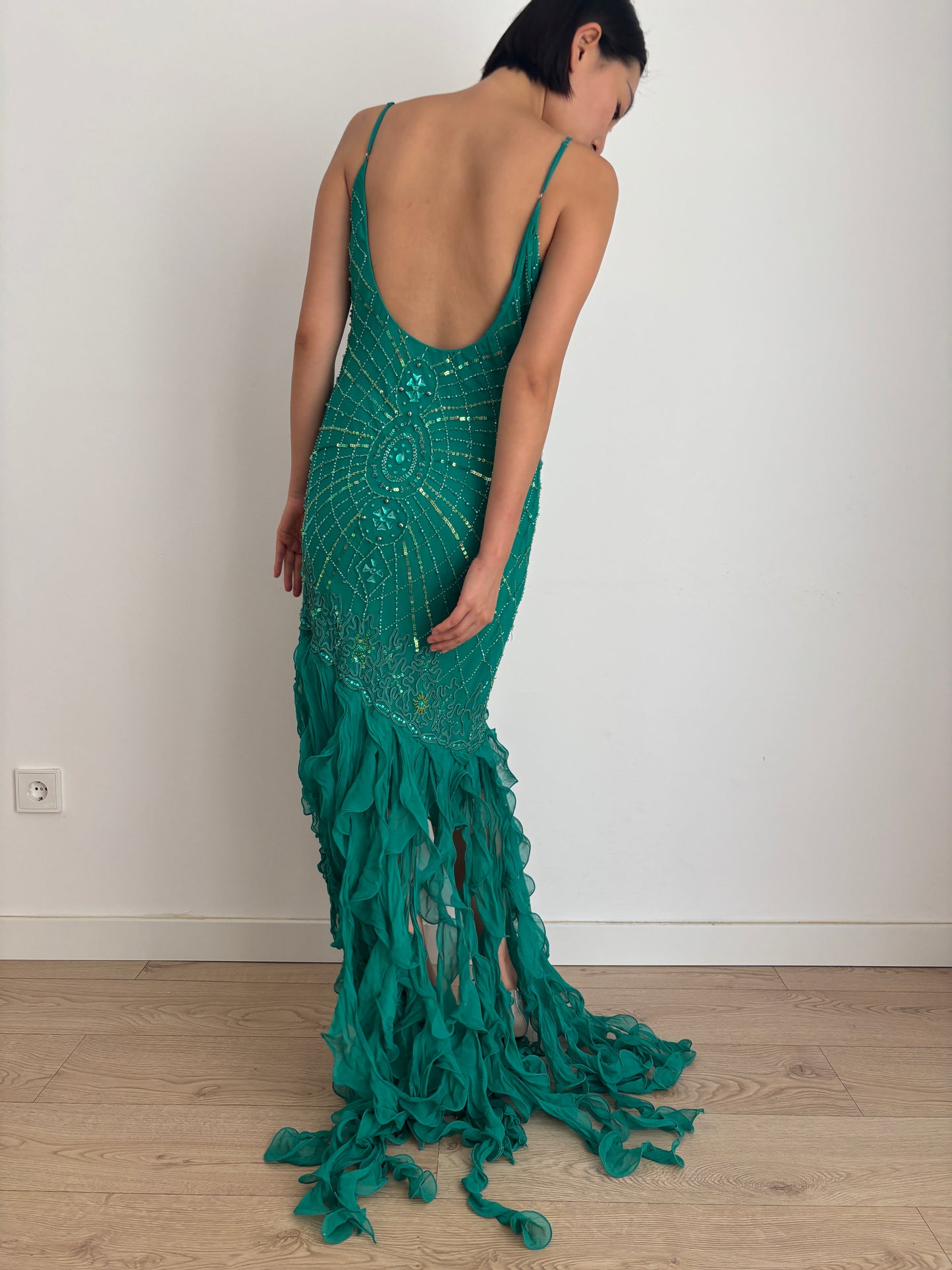 Y2K 90s 100% Silk Beaded Gown, Emerald Teal, Art Deco Sunburst Beading, Low Open Back, Flowy Fringe Hem