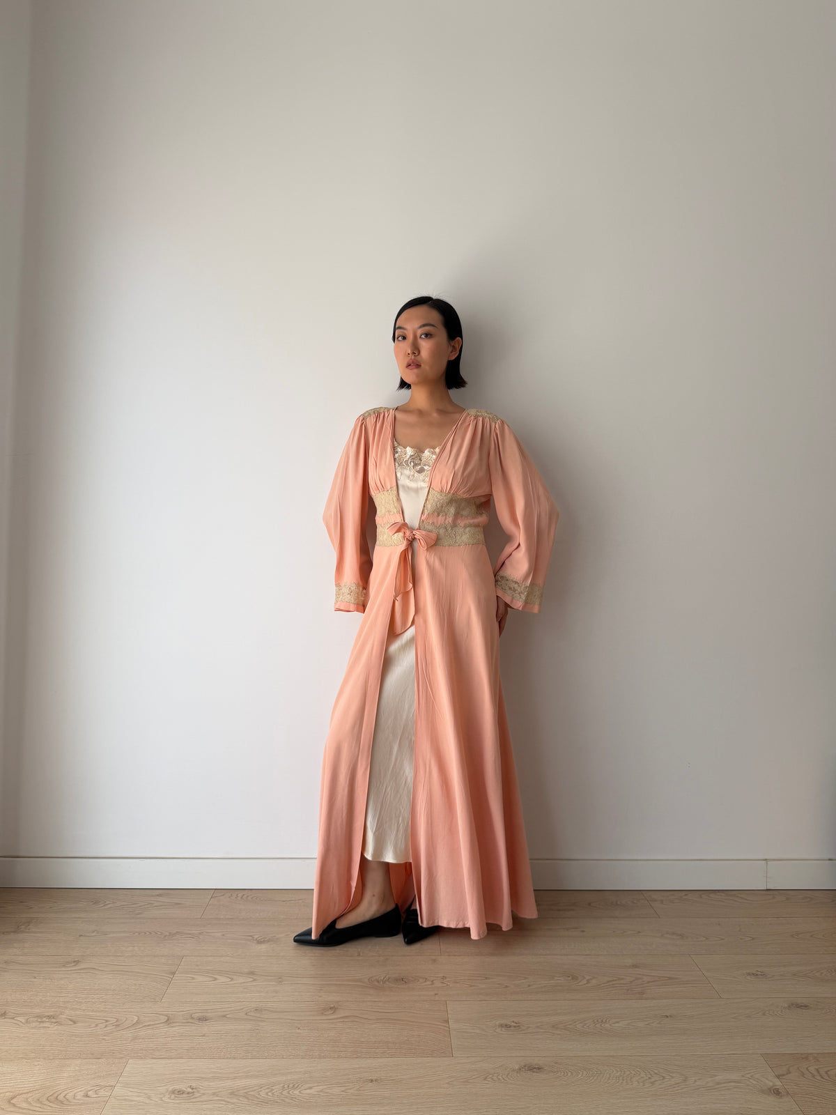 1930s Pink Silk Lace Robe, Ivory Lace Trim, Tie Waist, Flared Sleeves, Antique Loungewear