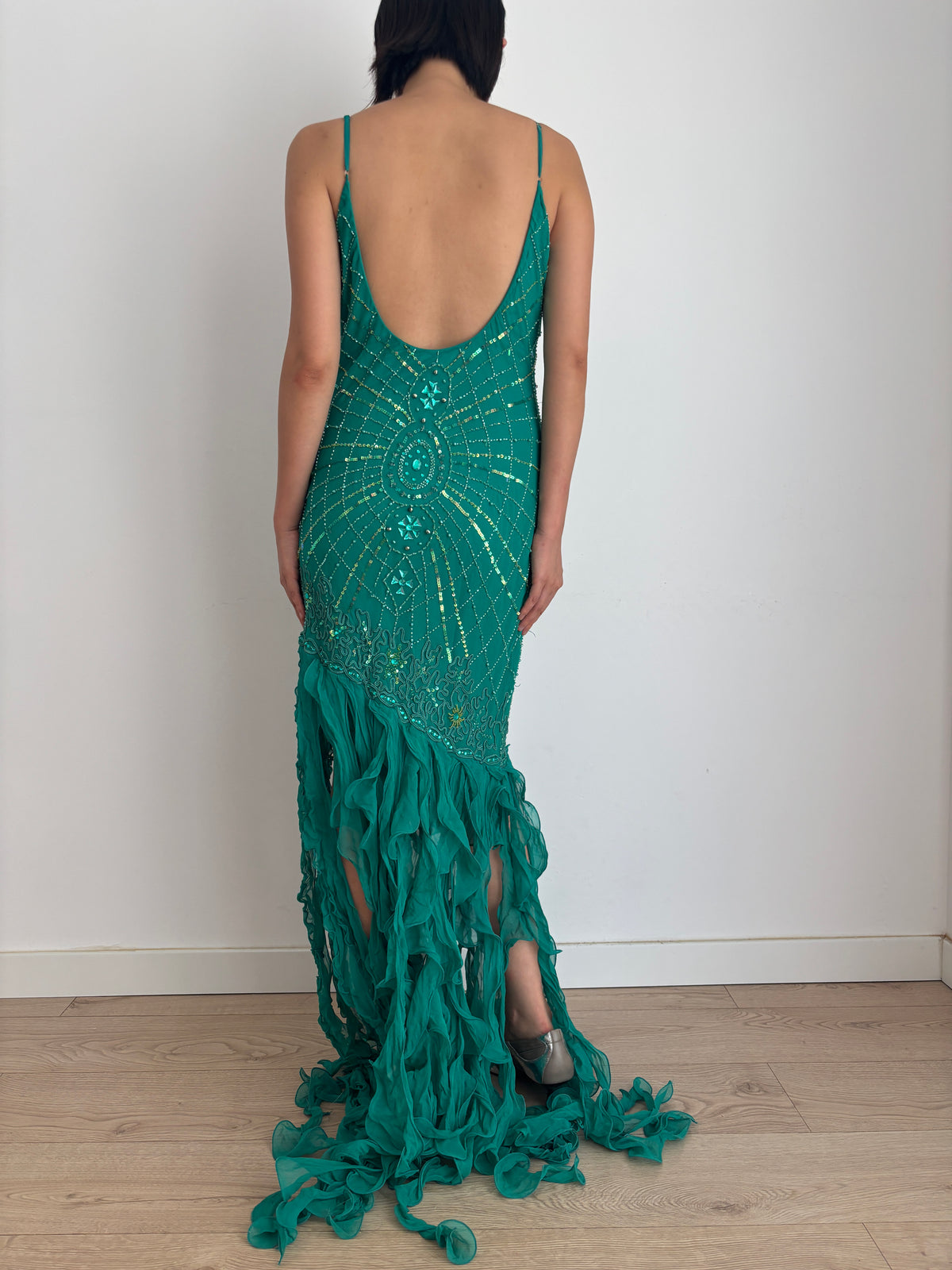 Y2K 90s 100% Silk Beaded Gown, Emerald Teal, Art Deco Sunburst Beading, Low Open Back, Flowy Fringe Hem