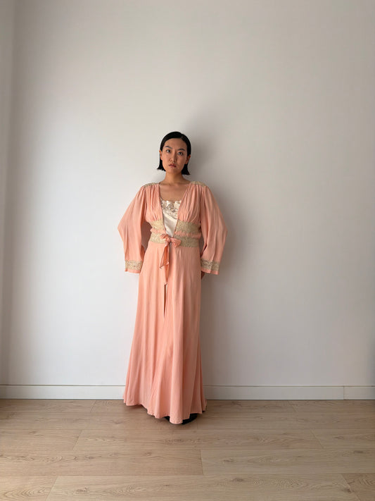 1930s Pink Silk Lace Robe, Ivory Lace Trim, Tie Waist, Flared Sleeves, Antique Loungewear